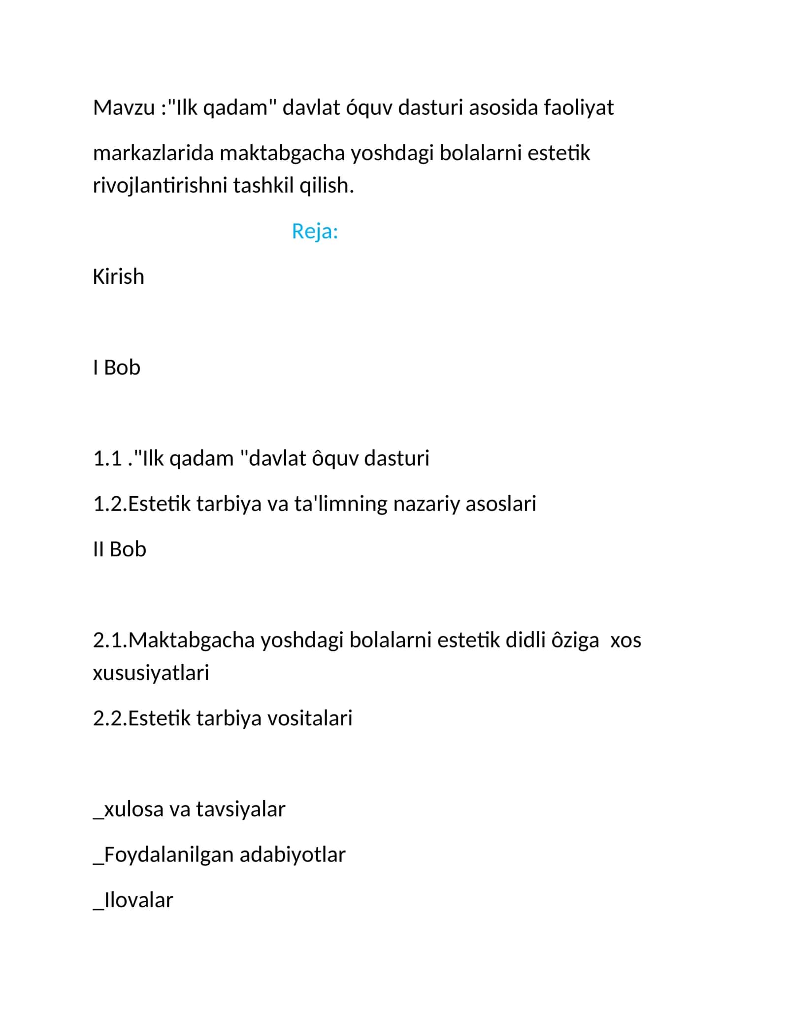 Ïlk qadam davlat òquv dasturi asosida faoliyat markazlarida maktabgacha yoshdagi bolalarni estetik rivojlantirishni tashkil qilish 1