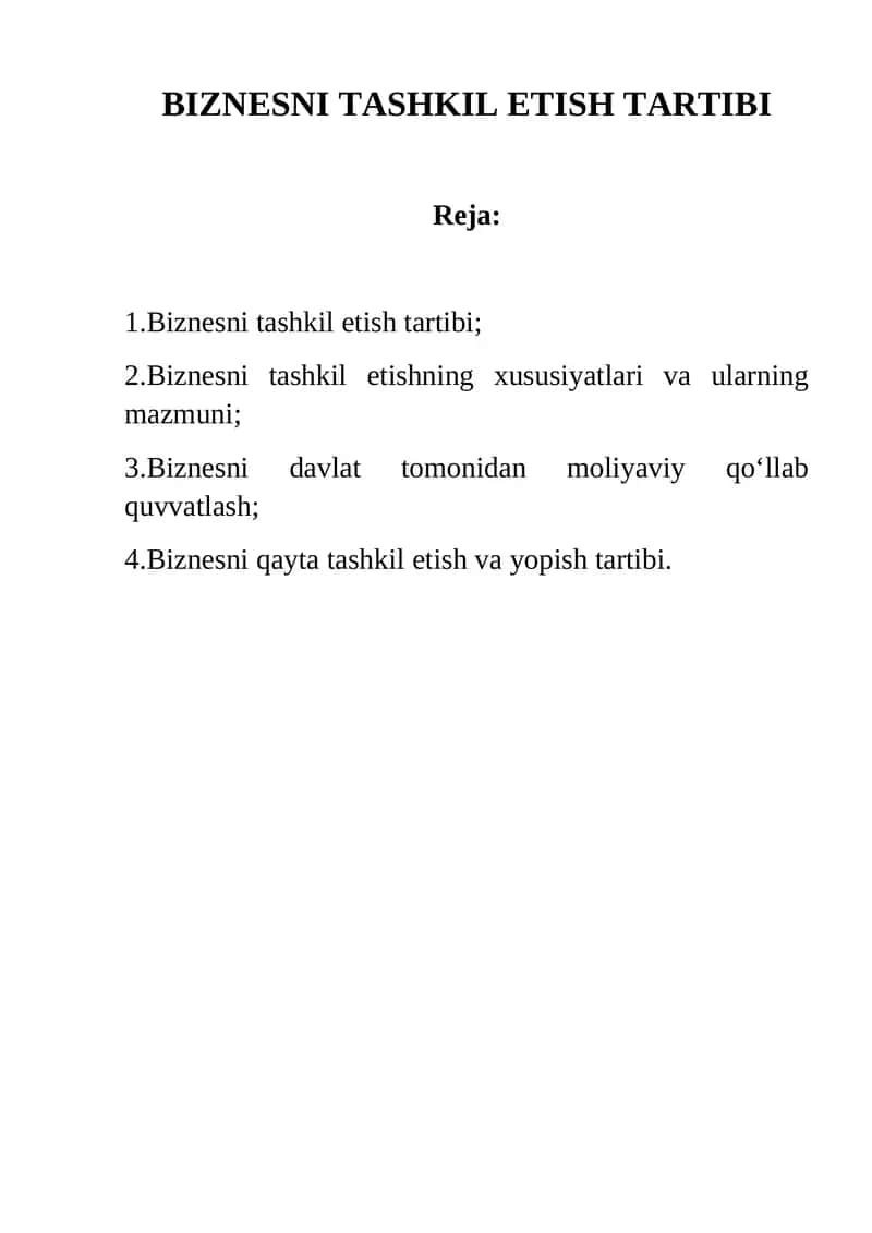 Biznesni tashkil etish tartibi 1
