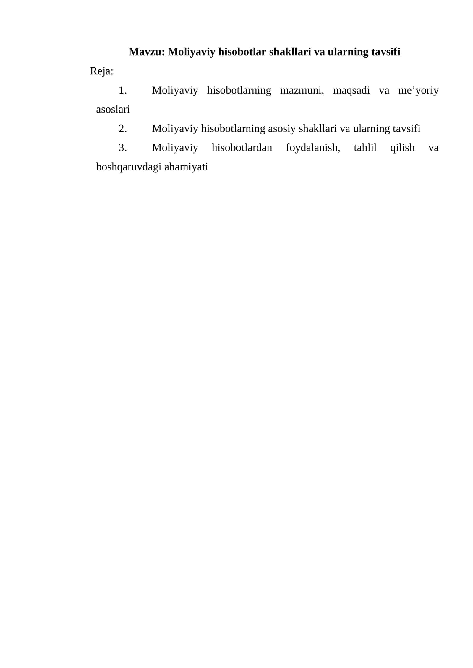 Moliyaviy hisobotlar shakllari va ularning tavsifi 1