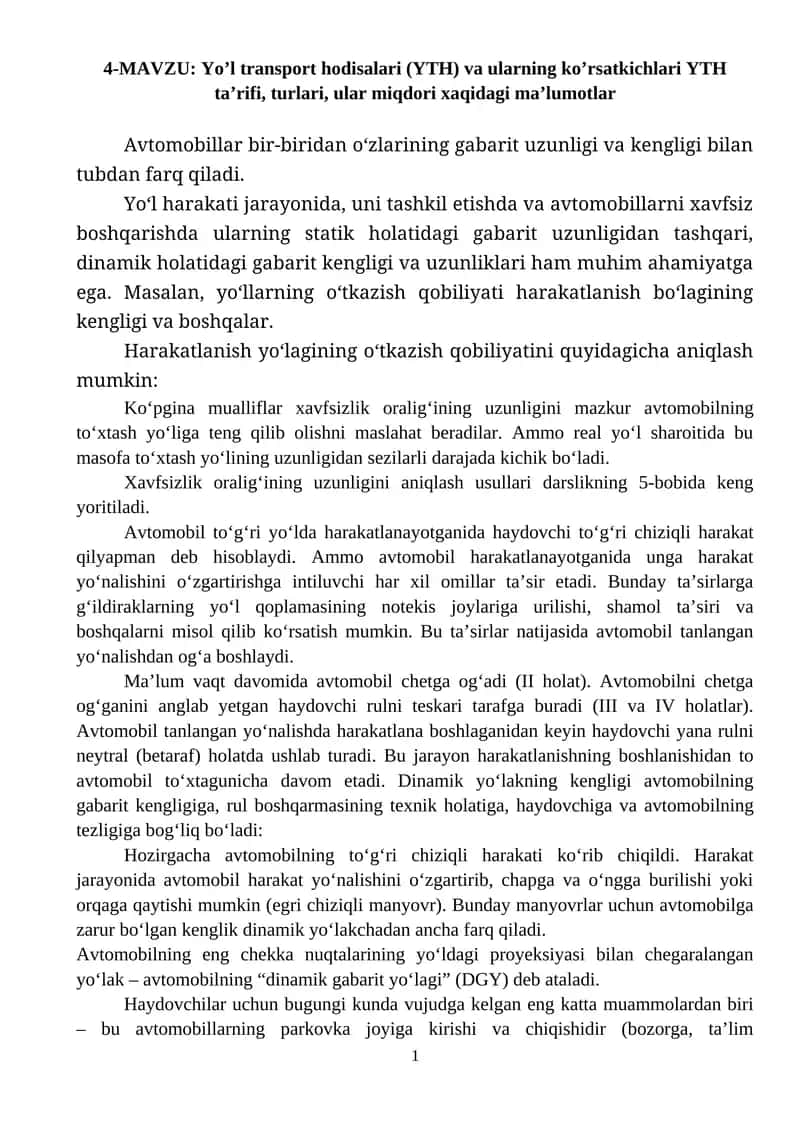 Yo’l transport hodisalari (YTH) va ularning ko’rsatkichlari 1