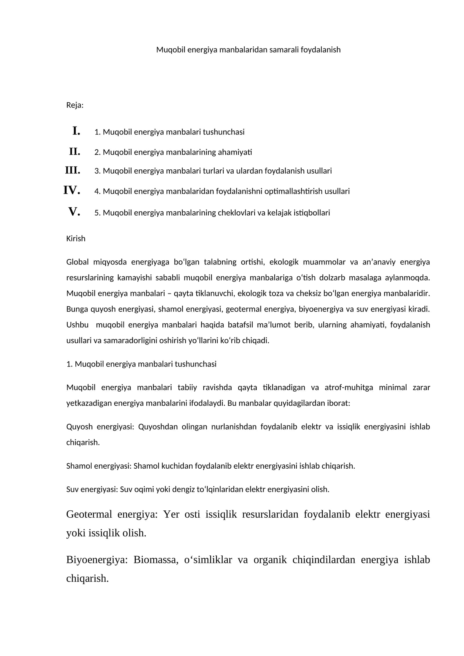 Muqobil energiya manbalaridan samarali foydalanish 1