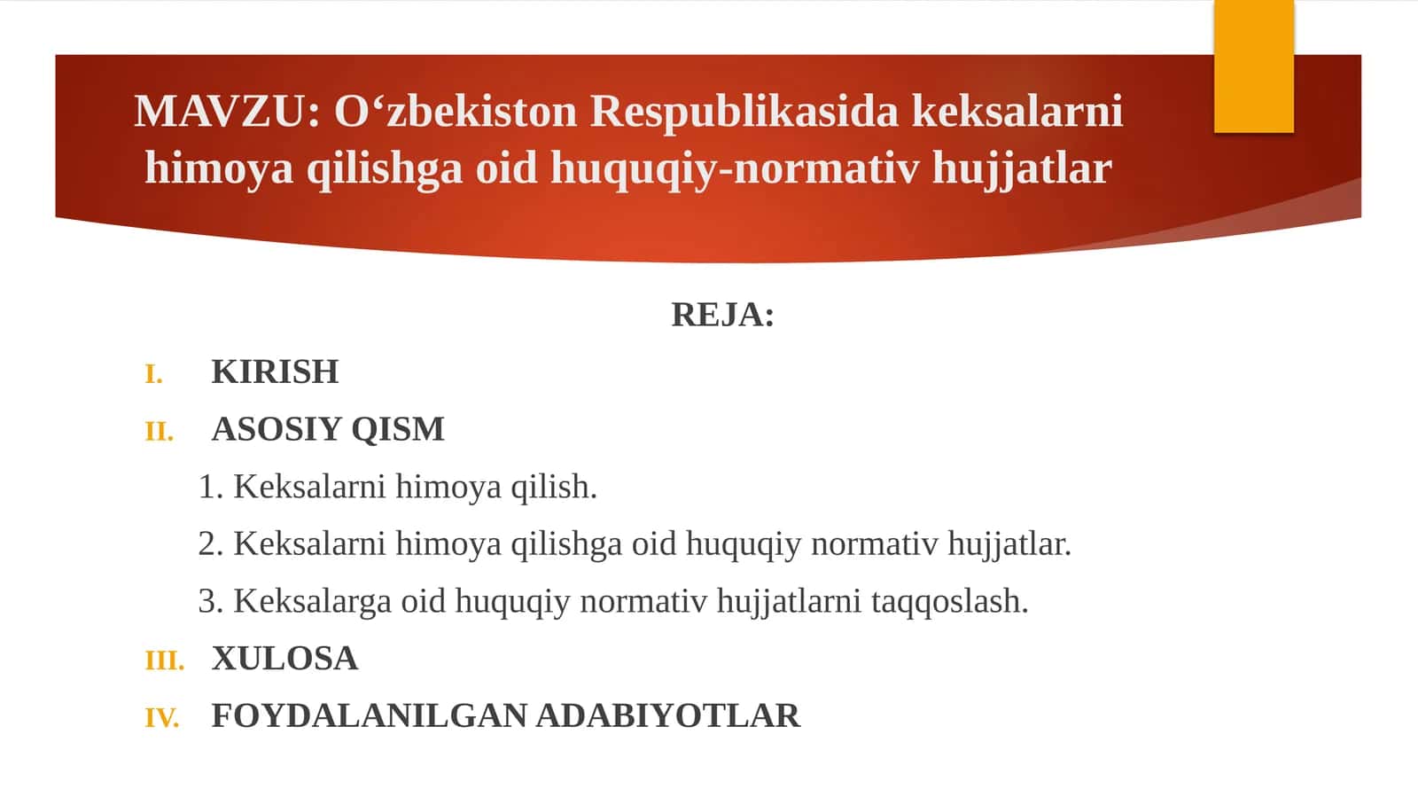 O‘zbekiston Respublikasida keksalarni himoya qilishga oid huquqiy-normativ hujjatlar 1