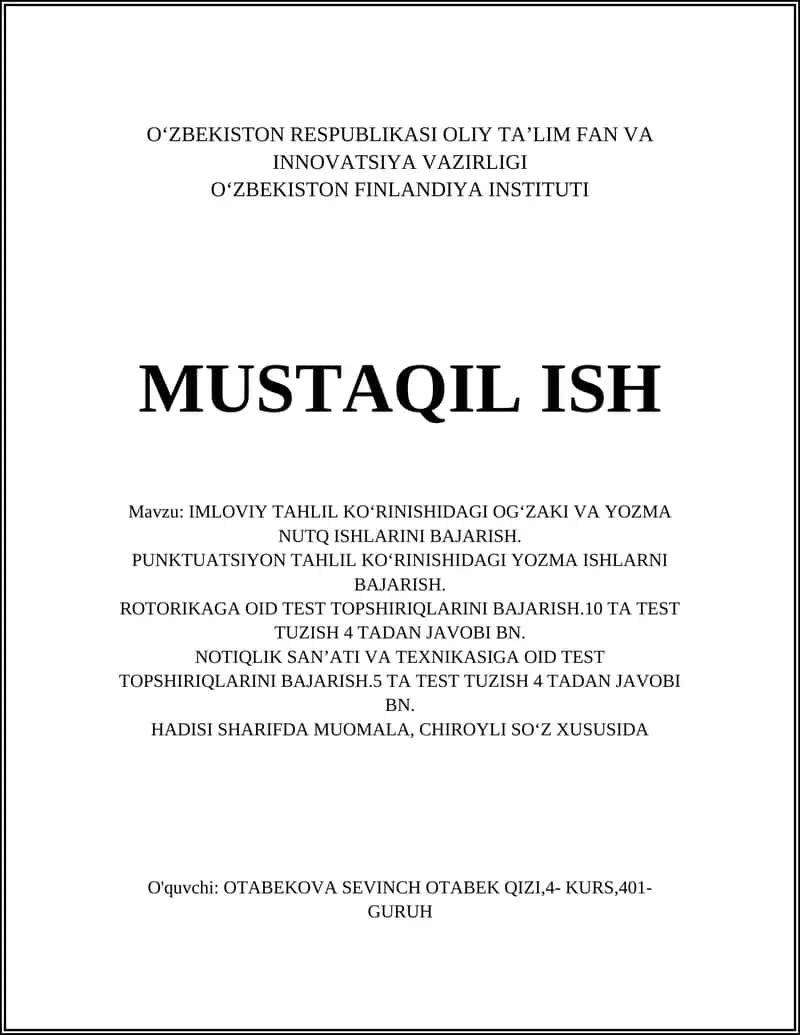 IMLOVIY TAHLIL KO'RINISHIDAGI OGʻZAKI VA YOZMA NUTQ ISHLARINI BAJARISH 1