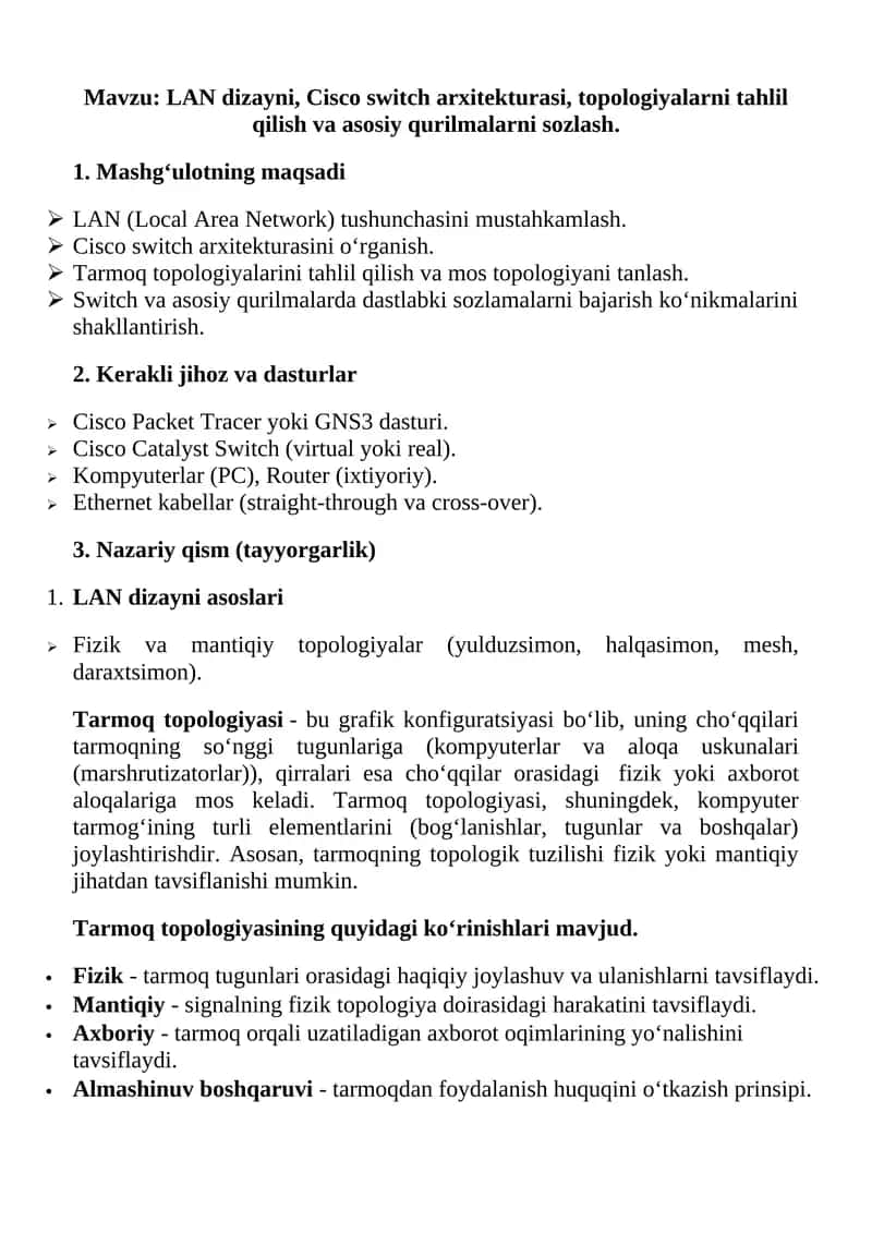 LAN dizayni va Cisco switch arxitekturasi 1