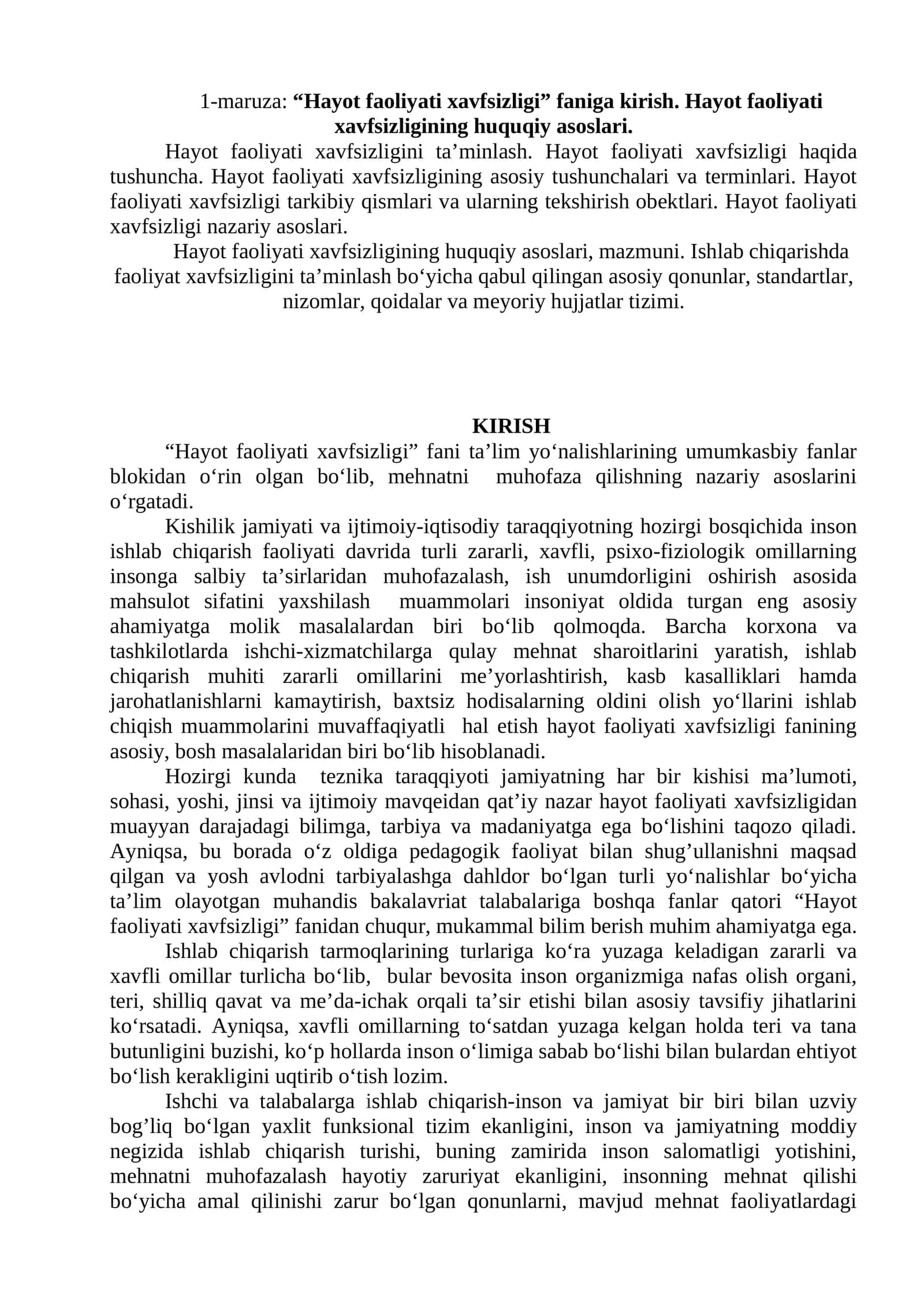 Hayot faoliyati xavfsizligi 1