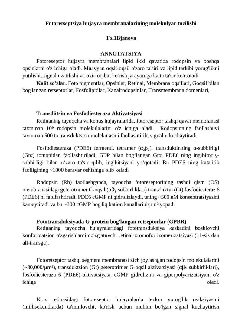 Fotoretseptsiya hujayra membranalarining molekulyar tuzilishi 1