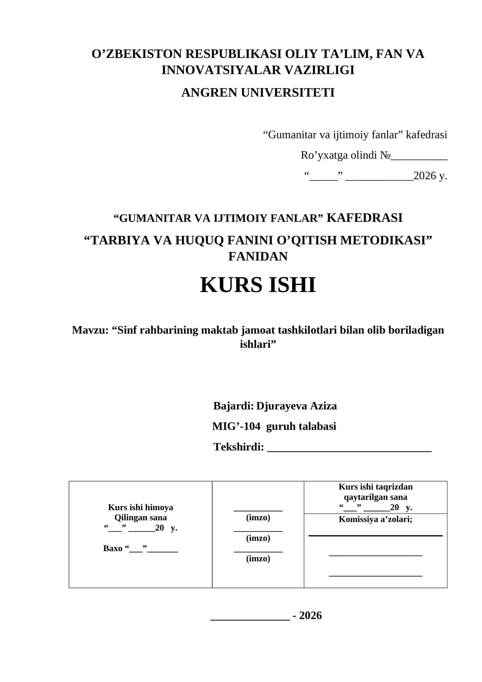 KURS ISHI "TARBIYA VA HUQUQ FANINI O’QITISH METODIKASI" 1