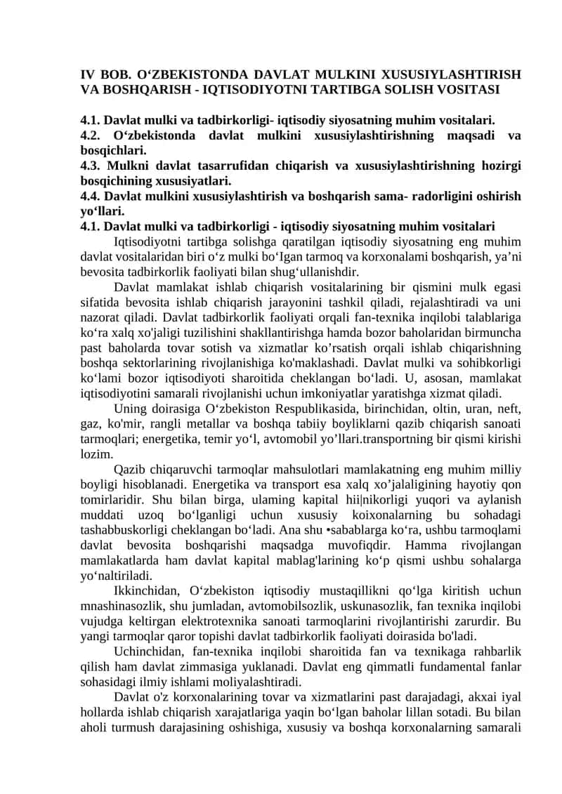 O‘ZBEKISTONDA DAVLAT MULKINI XUSUSIYLASHTIRISH VA BOSHQARISH - IQTISODIYOTNI TARTIBGA SOLISH VOSITASI 1