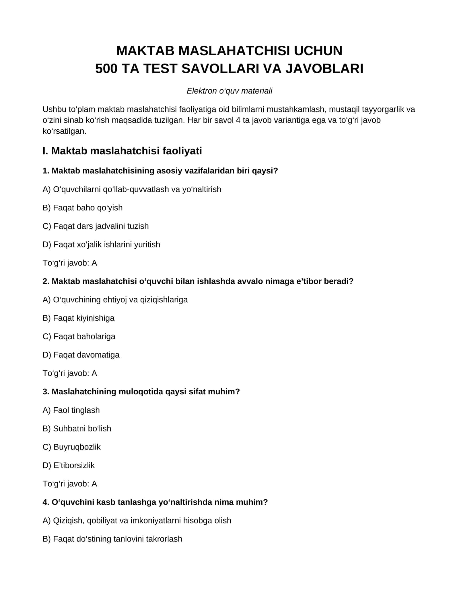 Maktab maslahatchisi uchun 500 ta test savollari va javoblari 1