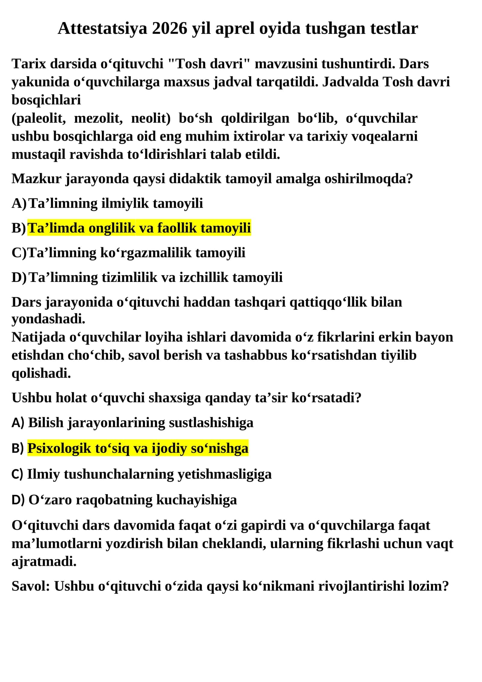 Attestatsiya 2026 yil aprel oyida tushgan testlar 1