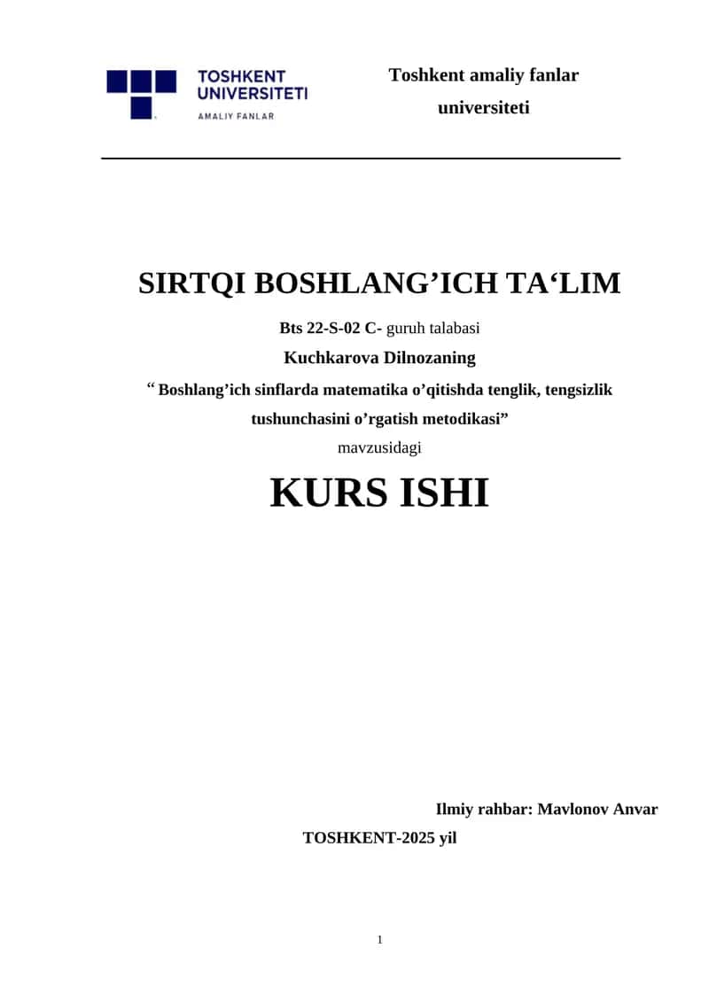 Boshlang’ich sinflarda matematika o’qitishda tenglik, tengsizlik tushunchasini o’rgatish metodikasi.docx 1