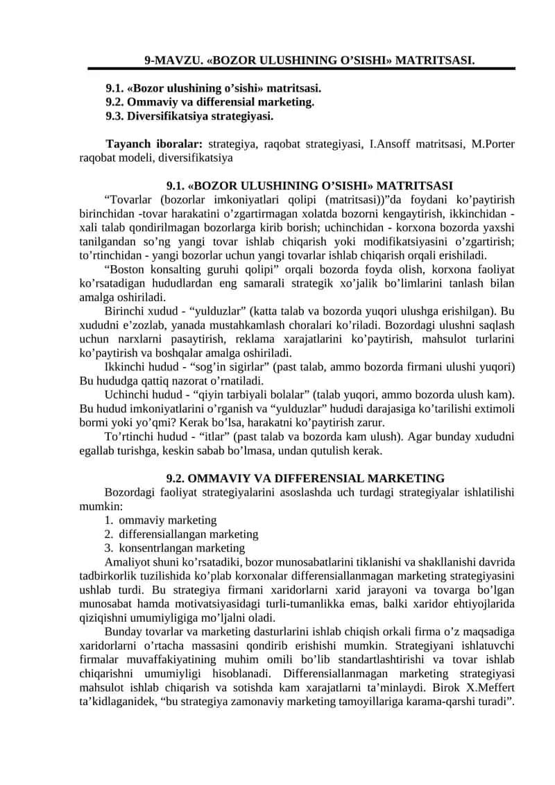 Bozor ulushining o’sishi matritsasi 1