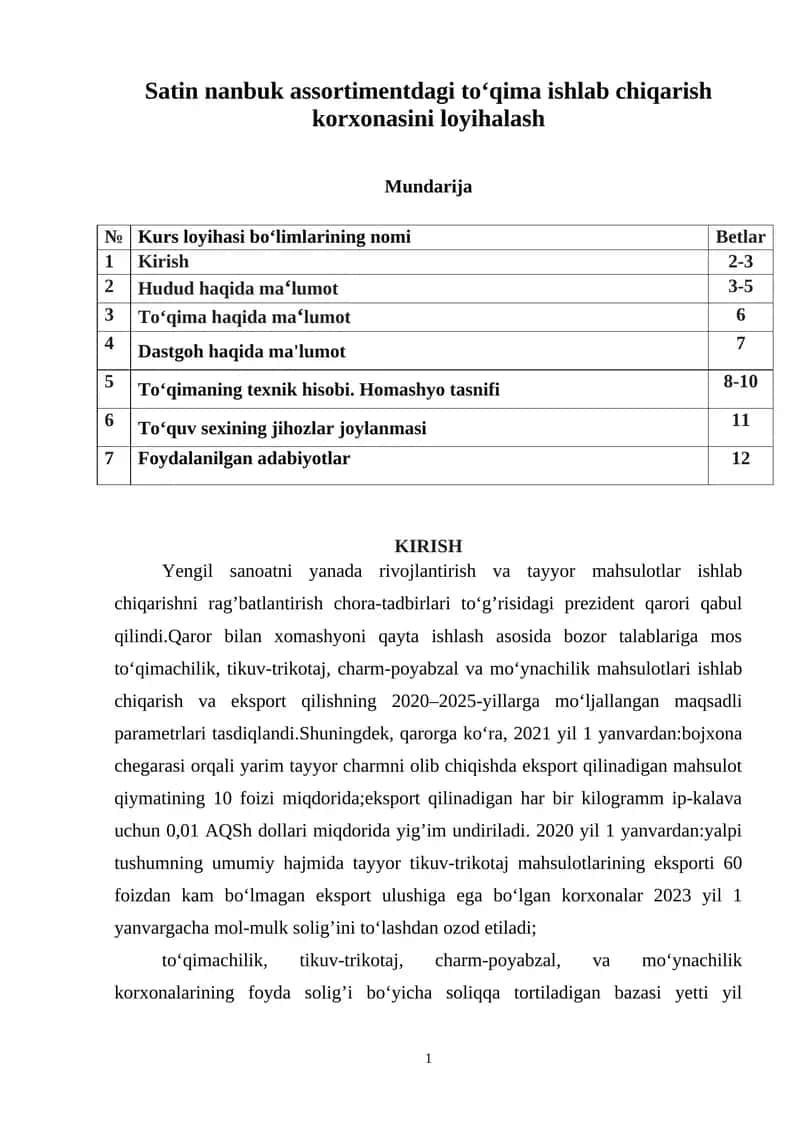 Satin nanbuk assortimentdagi to‘qima ishlab chiqarish korxonasini loyihalash 1