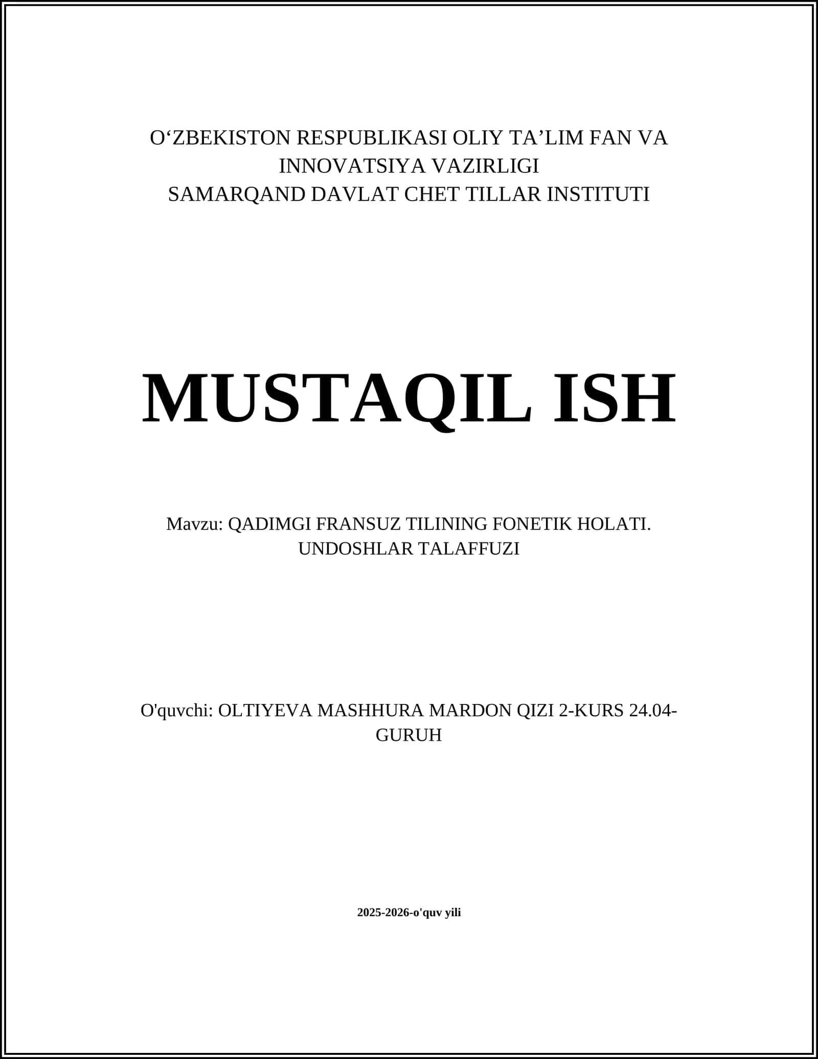 QADIMGI FRANSUZ TILINING FONETIK HOLATI. UNDOSHLAR TALAFFUZI 1