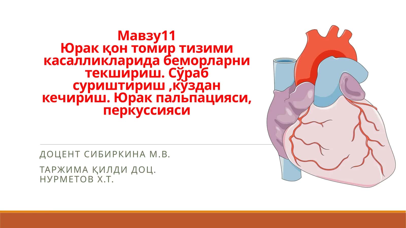 Юракқон томиртизимикасалликларидабеморларнитекшириш.Сўрабсуриштириш,кўзданкечириш.Юракпальпацияси,перкуссияси 1