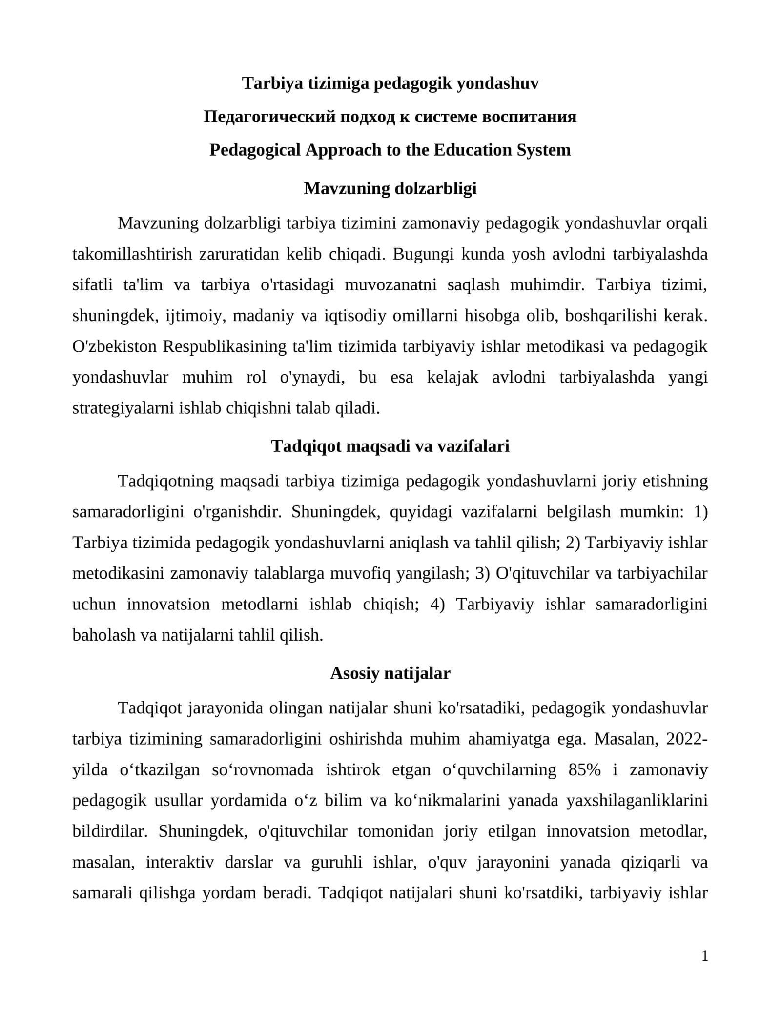 Tarbiya tizimiga pedagogik yondashuv 1