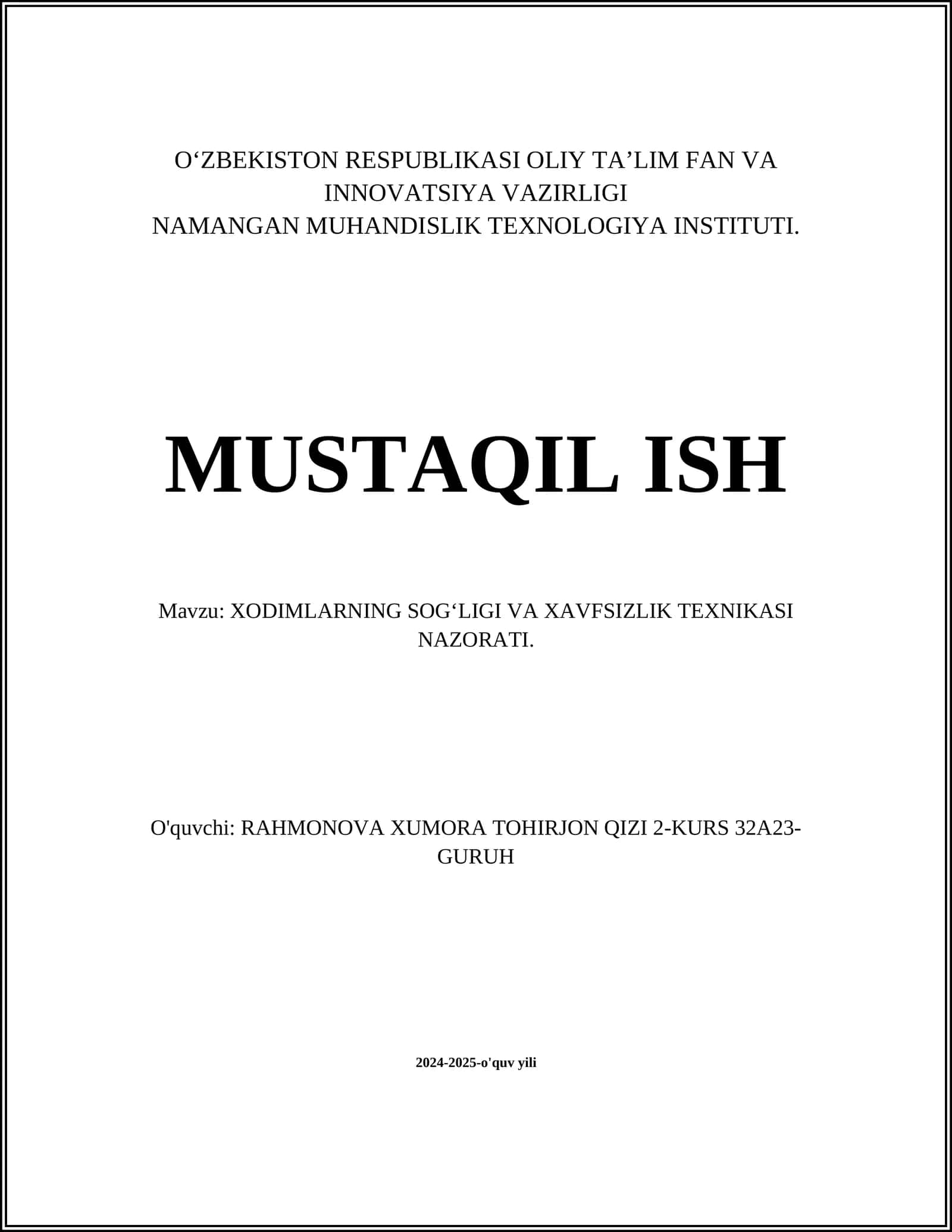 XODIMLARNING SOGʻLIGI VA XAVFSIZLIK TEXNIKASI NAZORATI 1