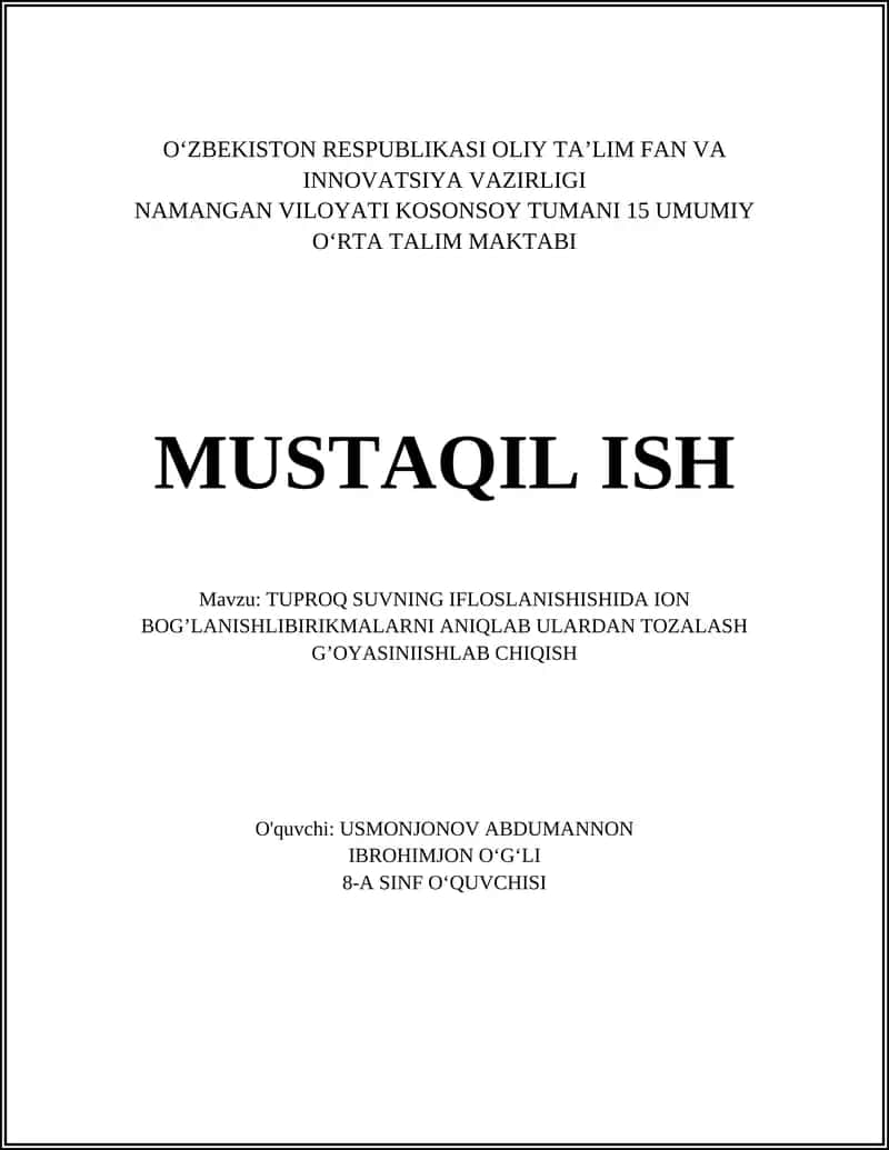 Tuproq va suvdagi ion bogʼlangan birikmalarni aniqlash uchun namunalar olish metodologiyasi 1