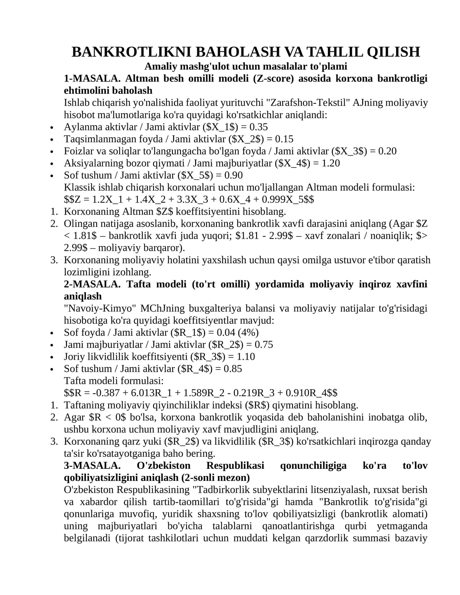 Altman besh omilli modeli (Z-score) asosida korxona bankrotligi ehtimolini baholash 1