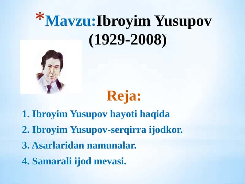 "Ibroyim Yusupov hayoti va ijodi"  taqdimot  (slayd) 1