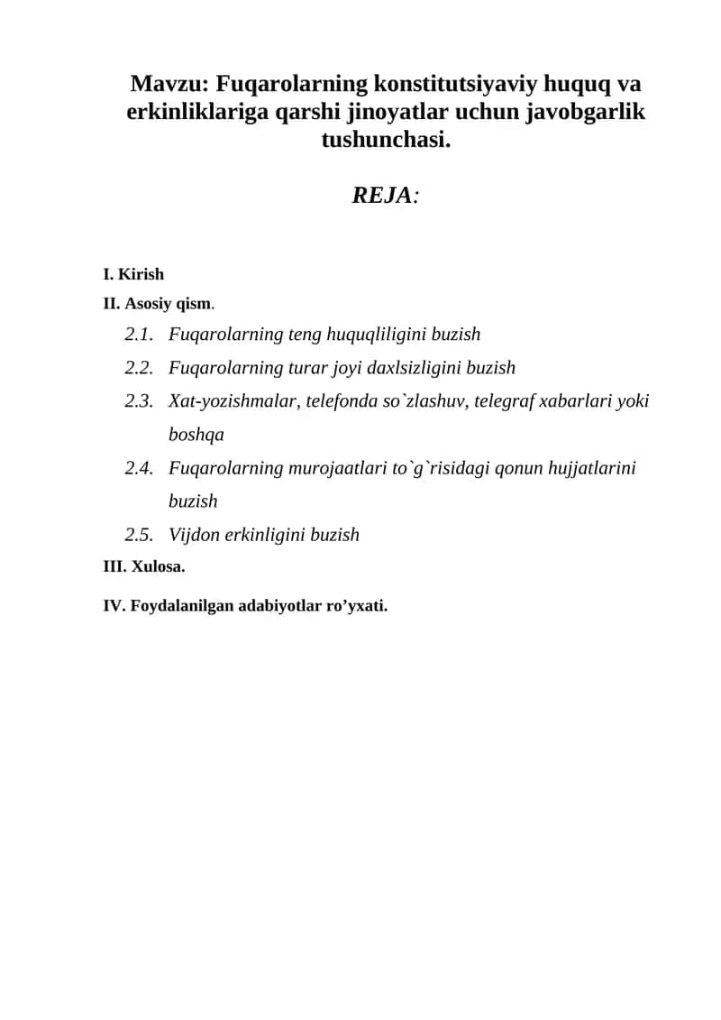 Fuqarolarning konstitutsiyaviy huquq va erkinliklariga qarshi jinoyatlar uchun javobgarlik tushunchasi 1