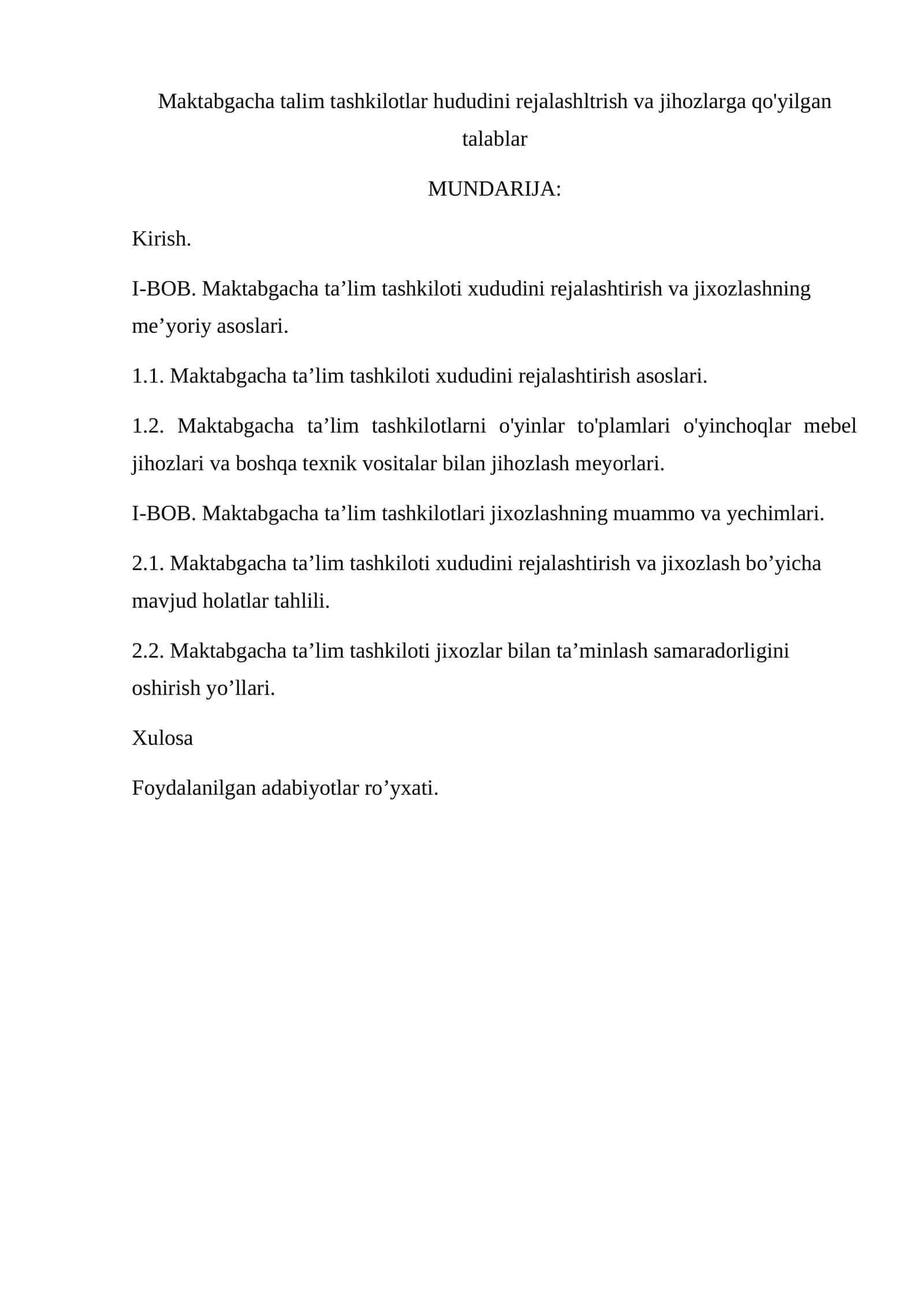 Maktabgacha talim tashkilotlar hududini rejalashtirish va jihozlarga qo'yilgan talablar 1
