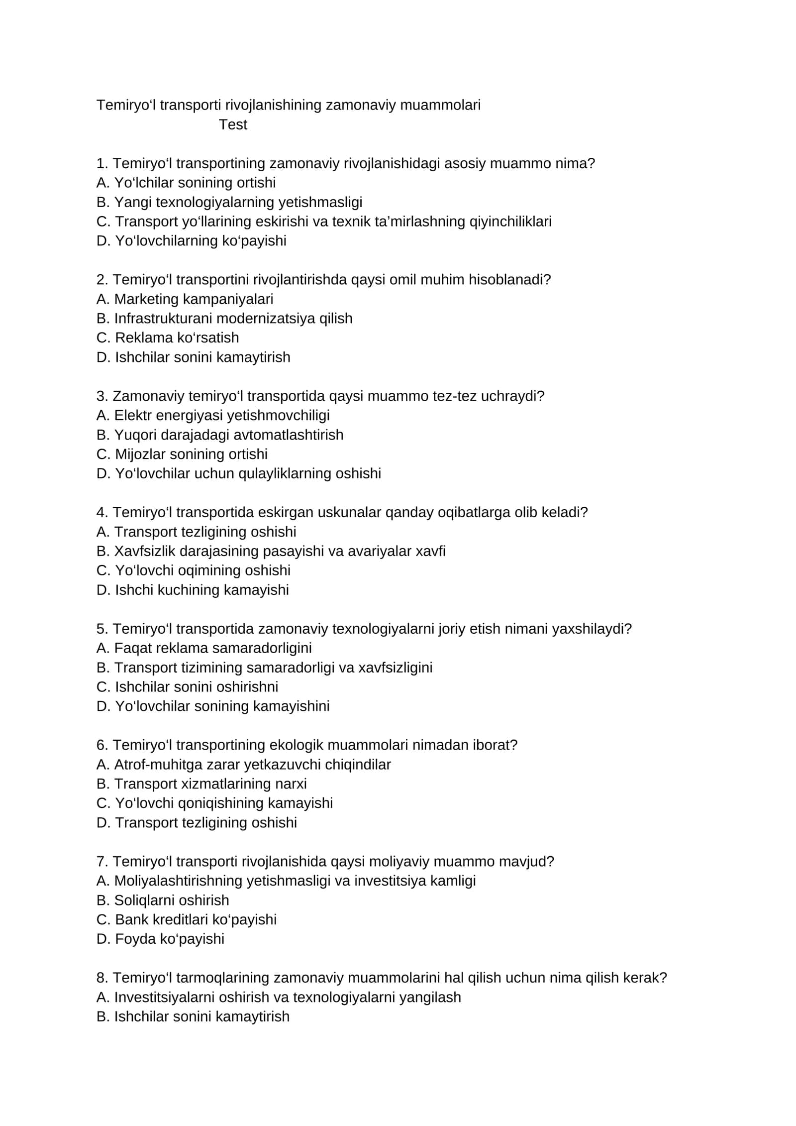 Temiryo‘l transporti rivojlanishining zamonaviy muammolari 1