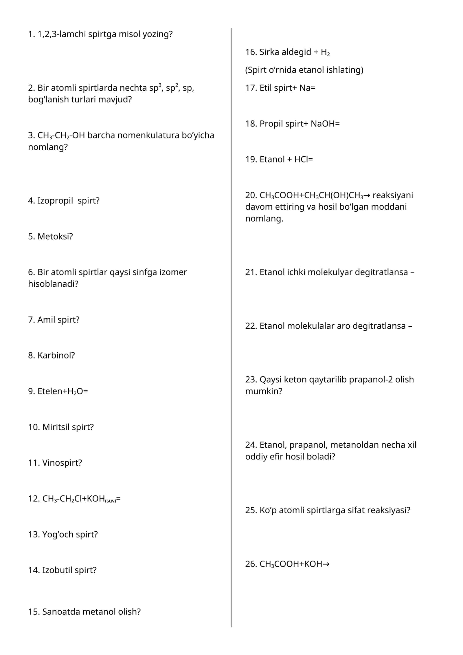 Spirtlar haqida savollar 1