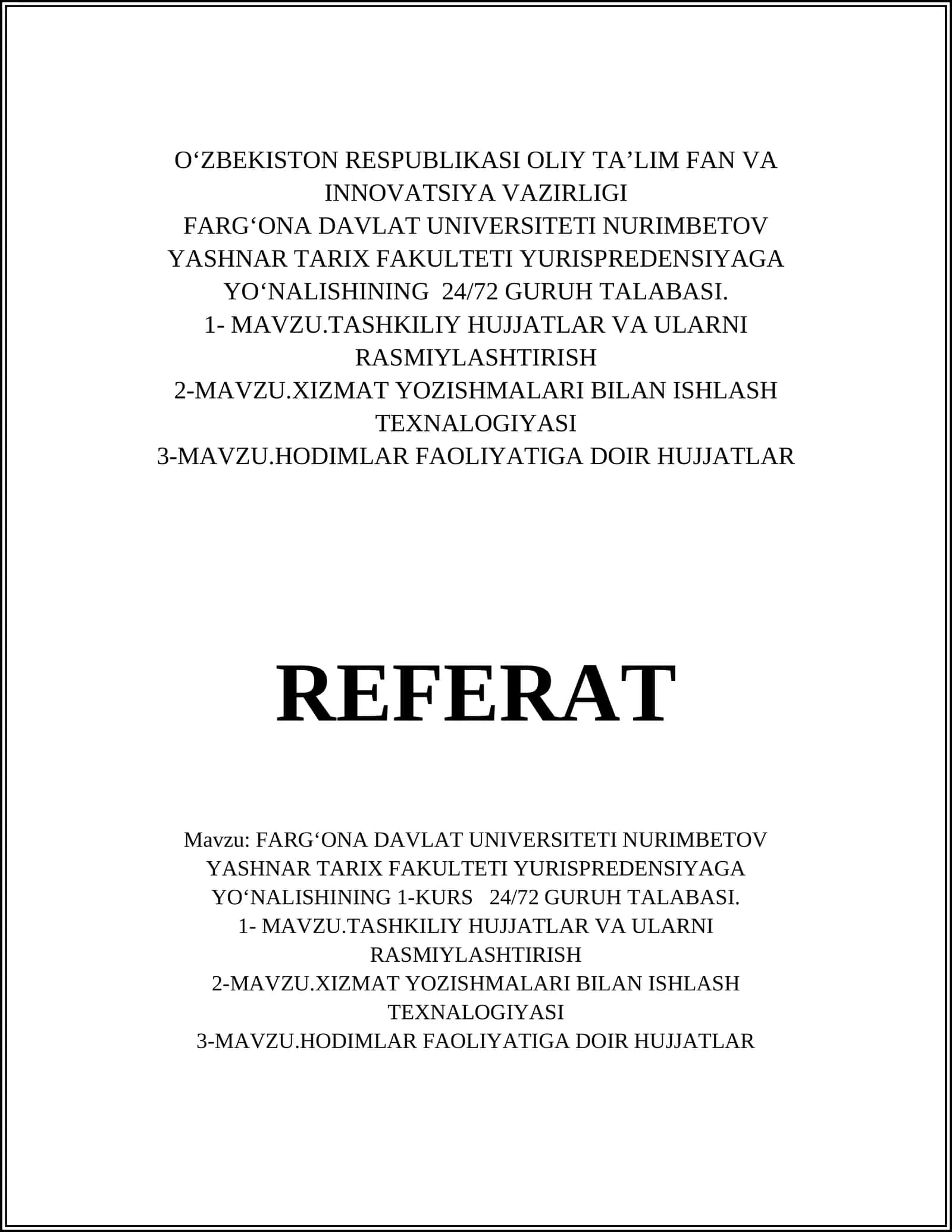 FARGʻONA DAVLAT UNIVERSITETI NURIMBETOV YASHNAR TARIX FAKULTETI YURISPREDENSIYAGA YOʻNALISHINING 1-KURS 24/72 GURUH TALABASI 1