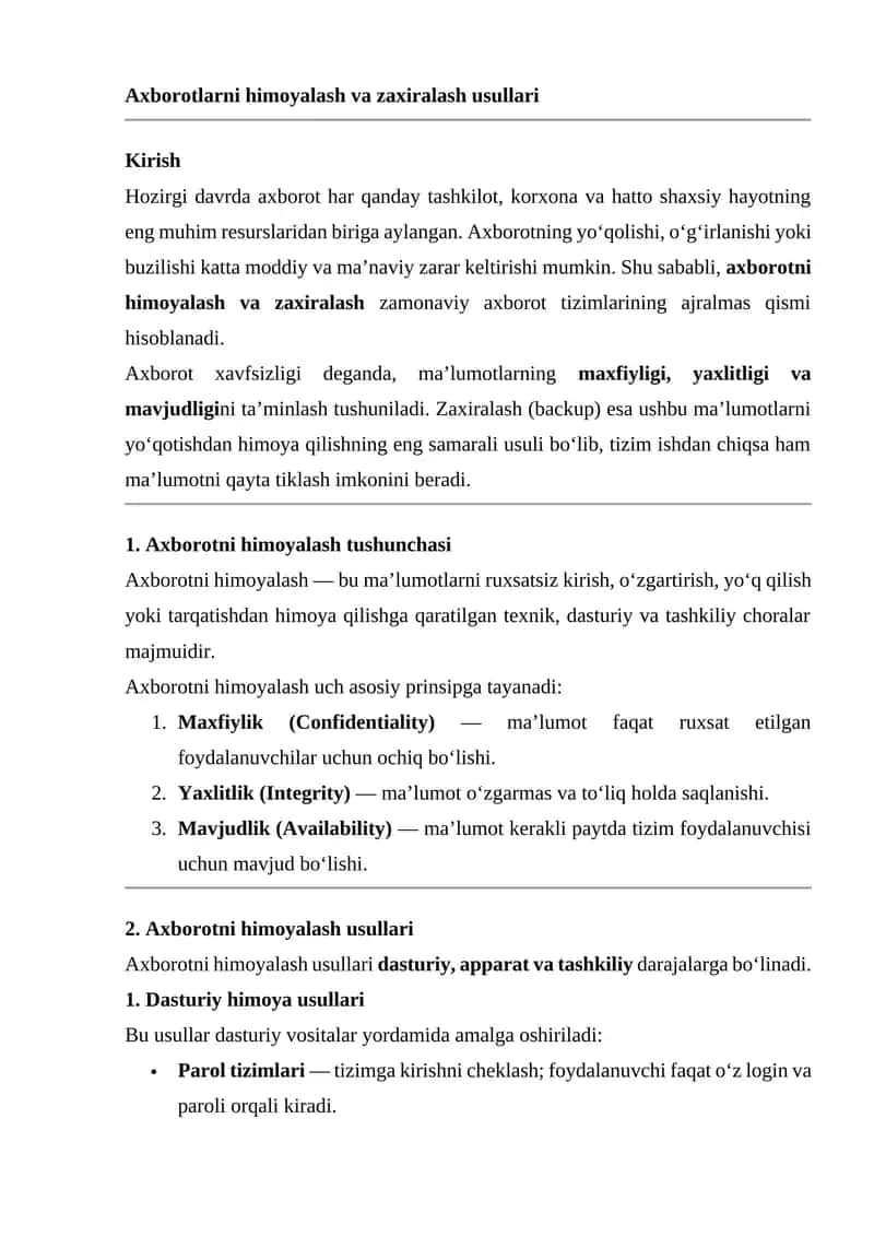 Axborotlarni himoyalash va zaxiralash usullari 1
