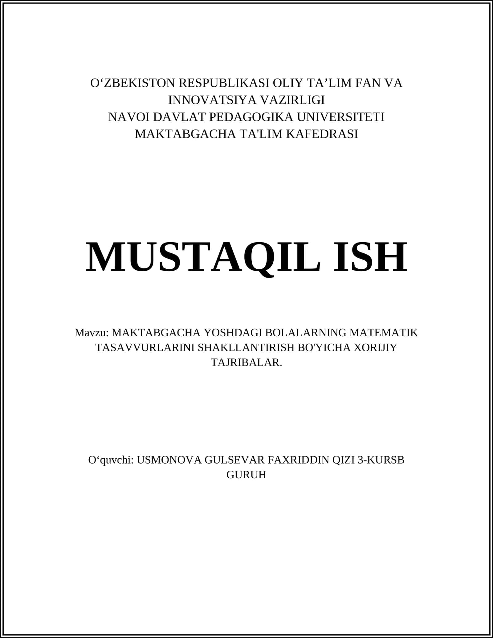 MAKTABGACHA YOSHDAGI BOLALARNING MATEMATIK TASAVVURLARINI SHAKLLANTIRISH BO'YICHA XORIJIY TAJRIBALAR 1