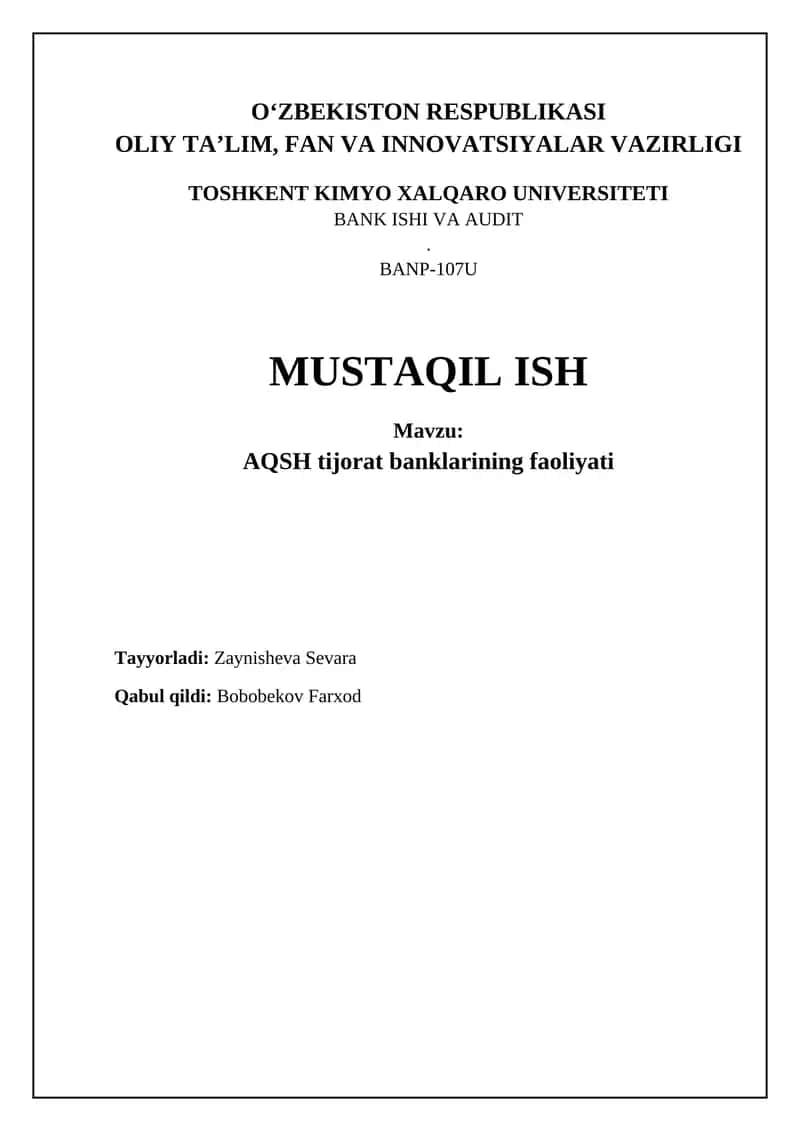 AQSH tijorat banklarining faoliyati 1