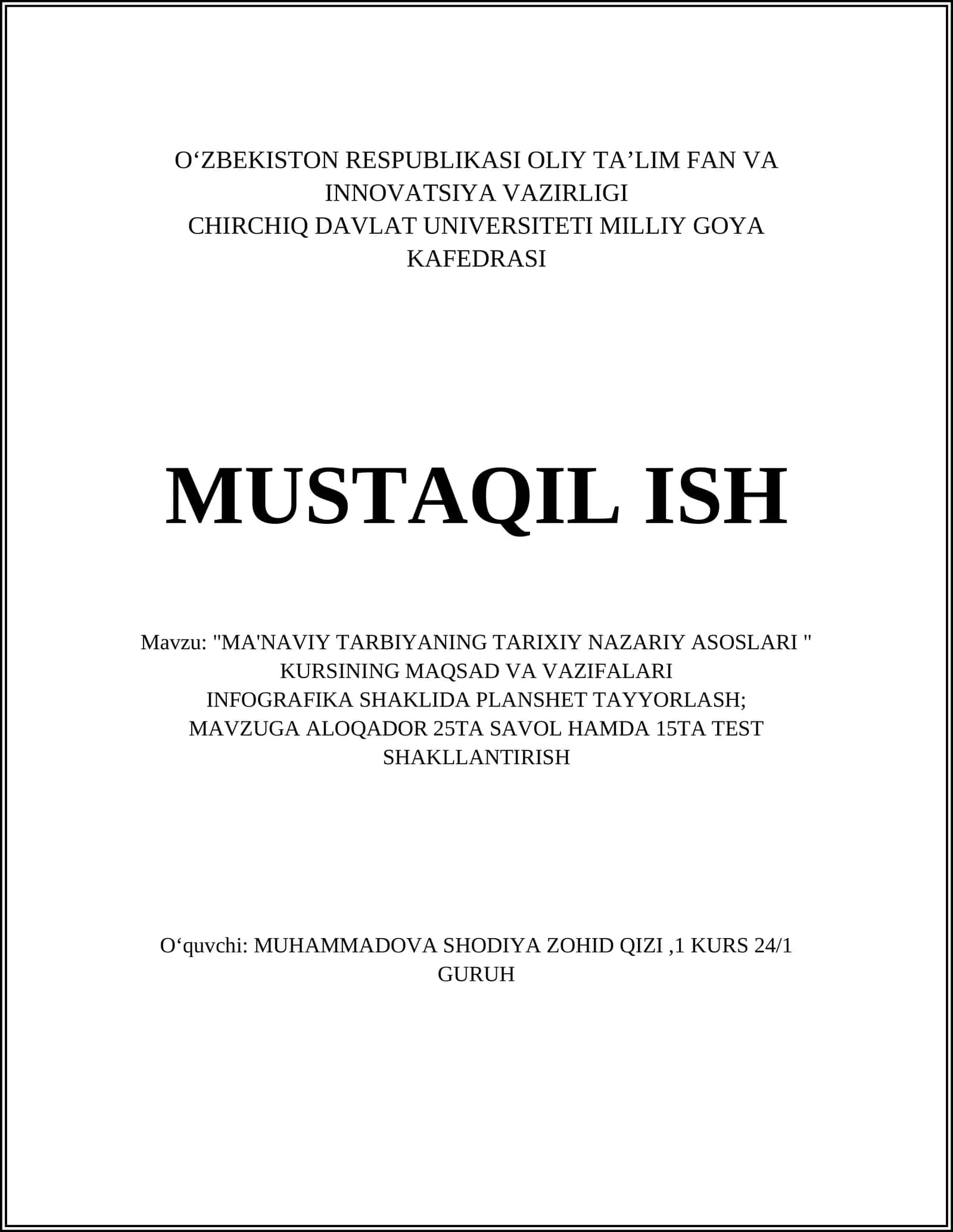 "MA'NAVIY TARBIYANING TARIXIY NAZARIY ASOSLARI" KURSI 1