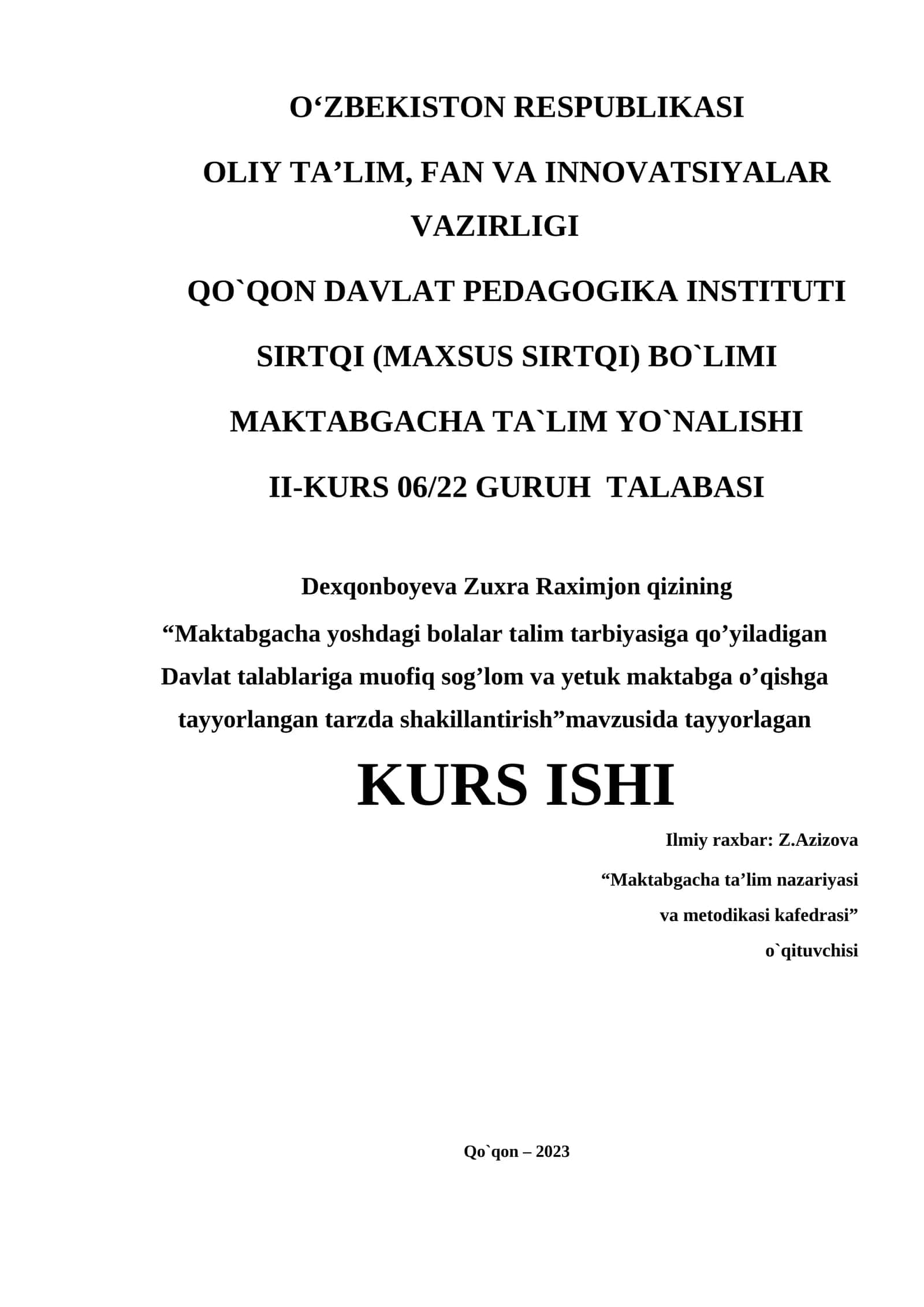 Maktabgacha yoshdagi bolalar talim tarbiyasiga qo’yiladigan Davlat talablariga muofiq sog’lom va yetuk maktabga o’qishga tayyorlangan tarzda shakillantirish 1