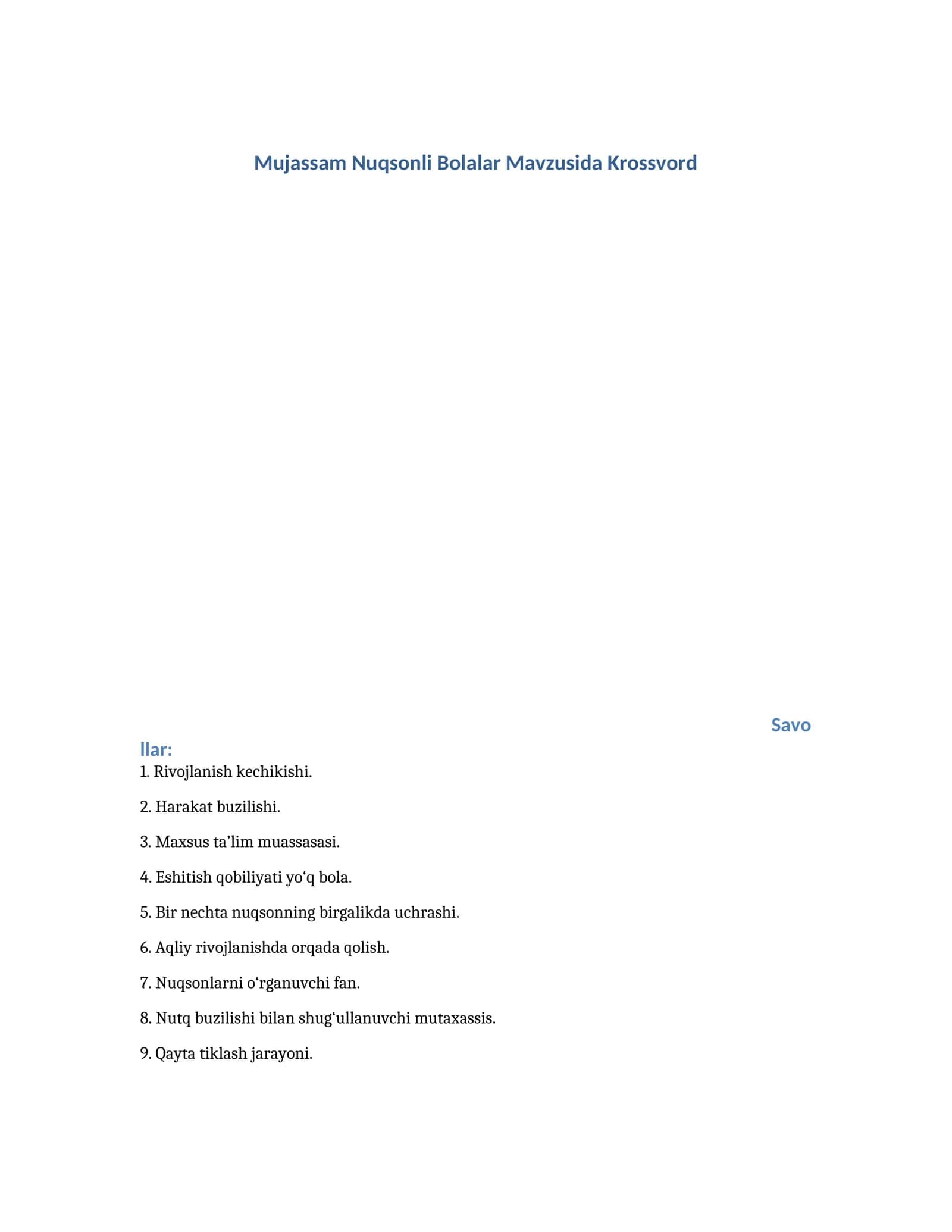 Mujassam Nuqsonli Bolalar Mavzusida Krossvord 1