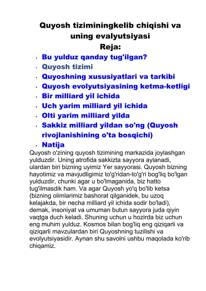 Quyosh tiziming kelib chiqishi va evalyutsiyasi 1