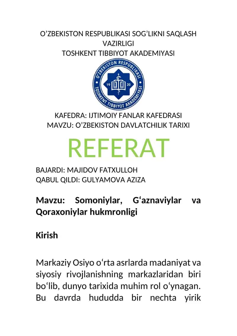 O’ZBEKISTON DAVLATCHILIK TARIXI 1