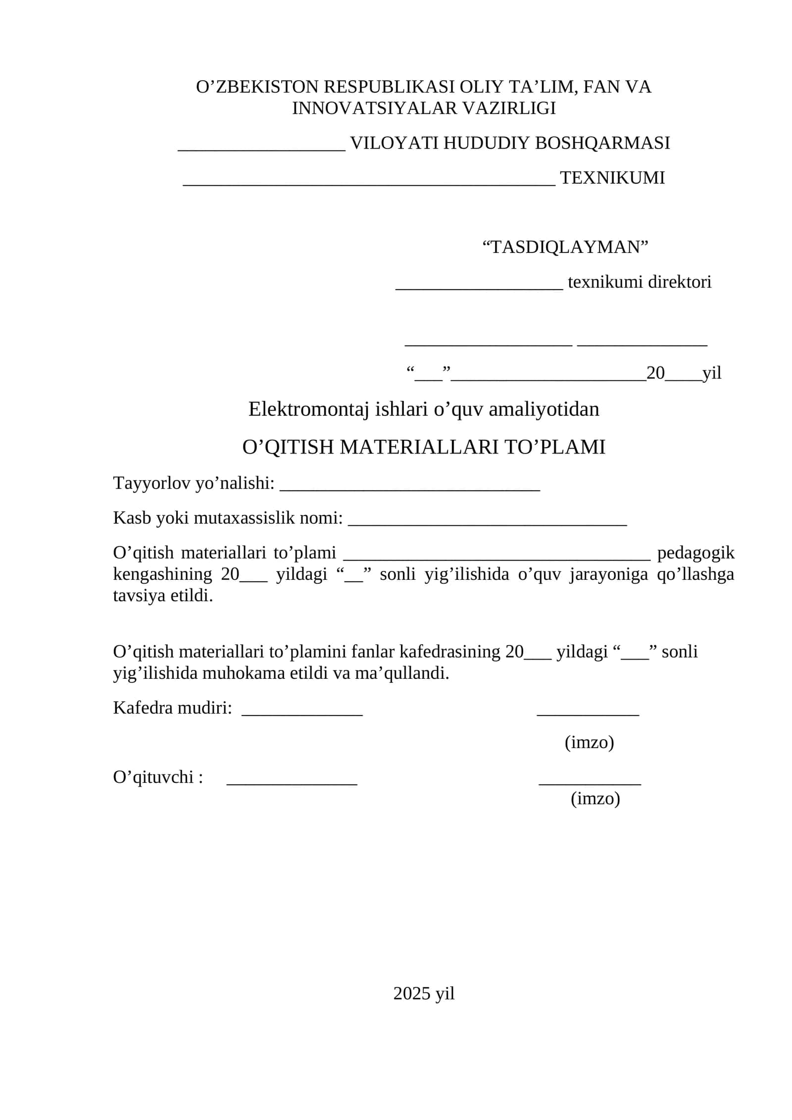 Elektromontaj ishlari o’quv amaliyotidan O’QITISH MATERIALLARI TO’PLAMI 1