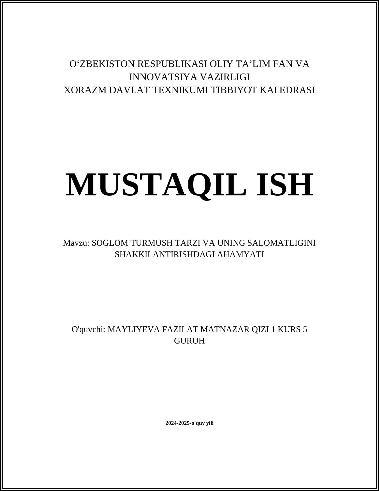 SOGLOM TURMUSH TARZI VA UNING SALOMATLIGINI SHAKKILANTIRISHDAGI AHAMYATI 1