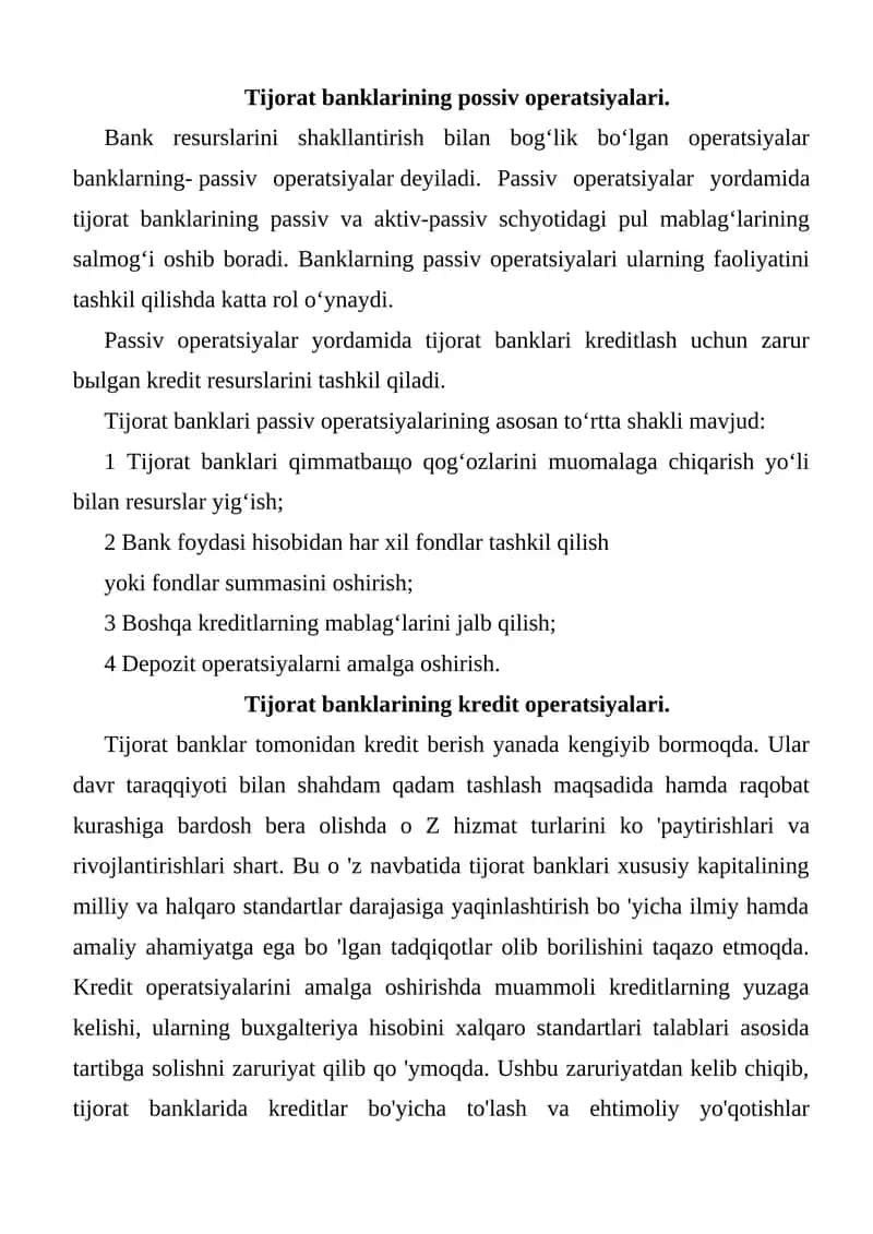 Tijorat banklarining possiv operatsiyalari 1