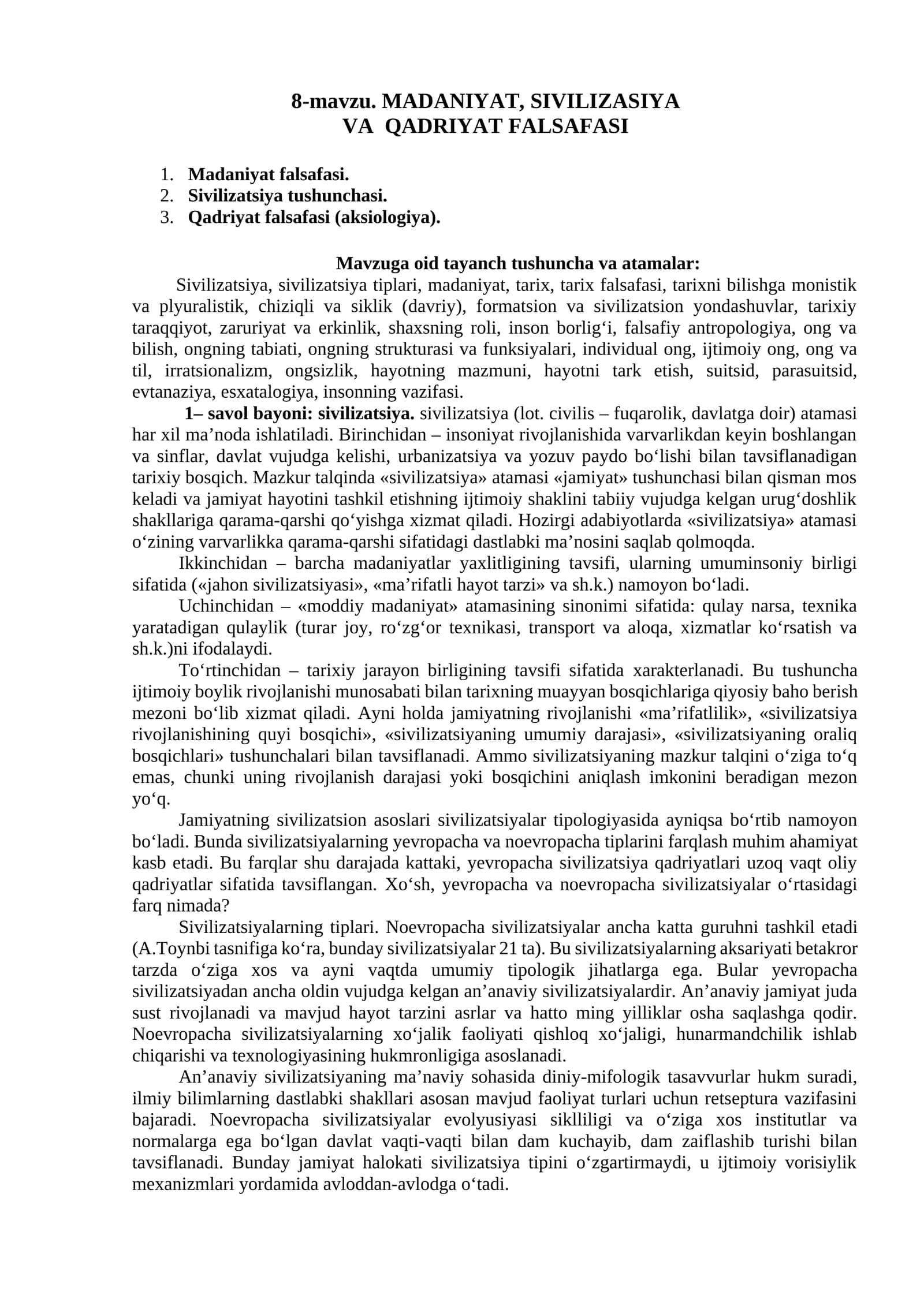 MADANIYAT, SIVILIZASIYA VA QADRIYAT FALSAFASI 1