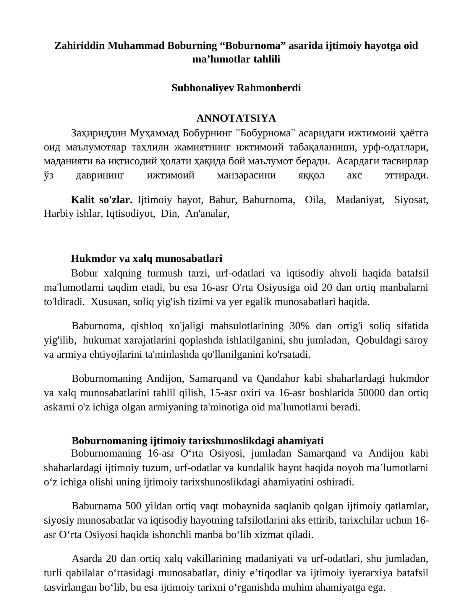 Заҳириддин Муҳаммад Бобурнинг "Бобурнома" асаридаги ижтимоий ҳаётга оид маълумотлар таҳлили 1