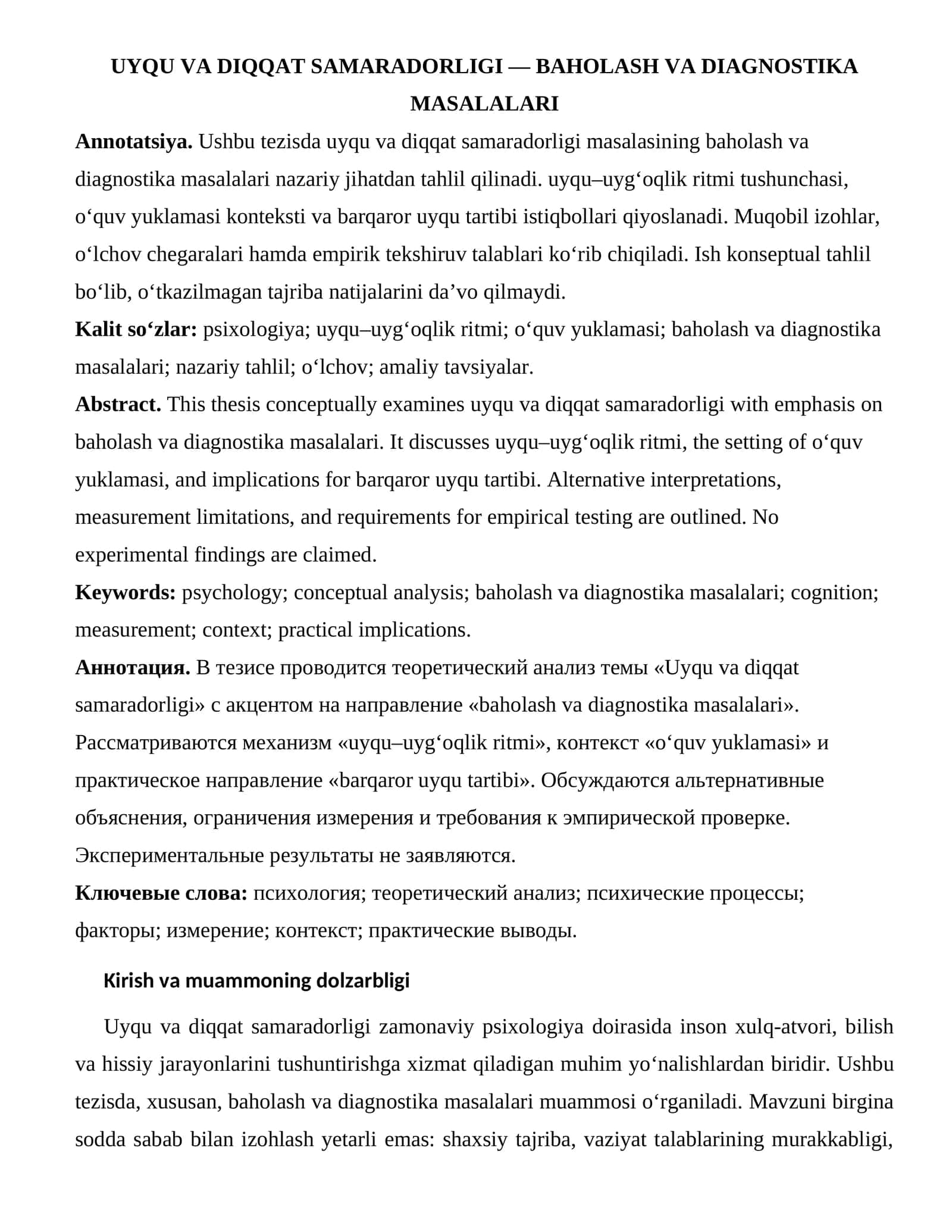 UYQU VA DIQQAT SAMARADORLIGI — BAHOLASH VA DIAGNOSTIKA MASALALARI 1