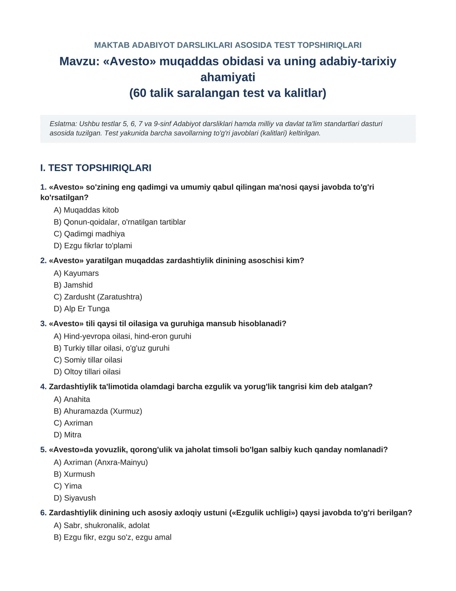 Avesto mavzusida 60 talik test savollari va javoblari(adabiyot darslilari asosida) 1