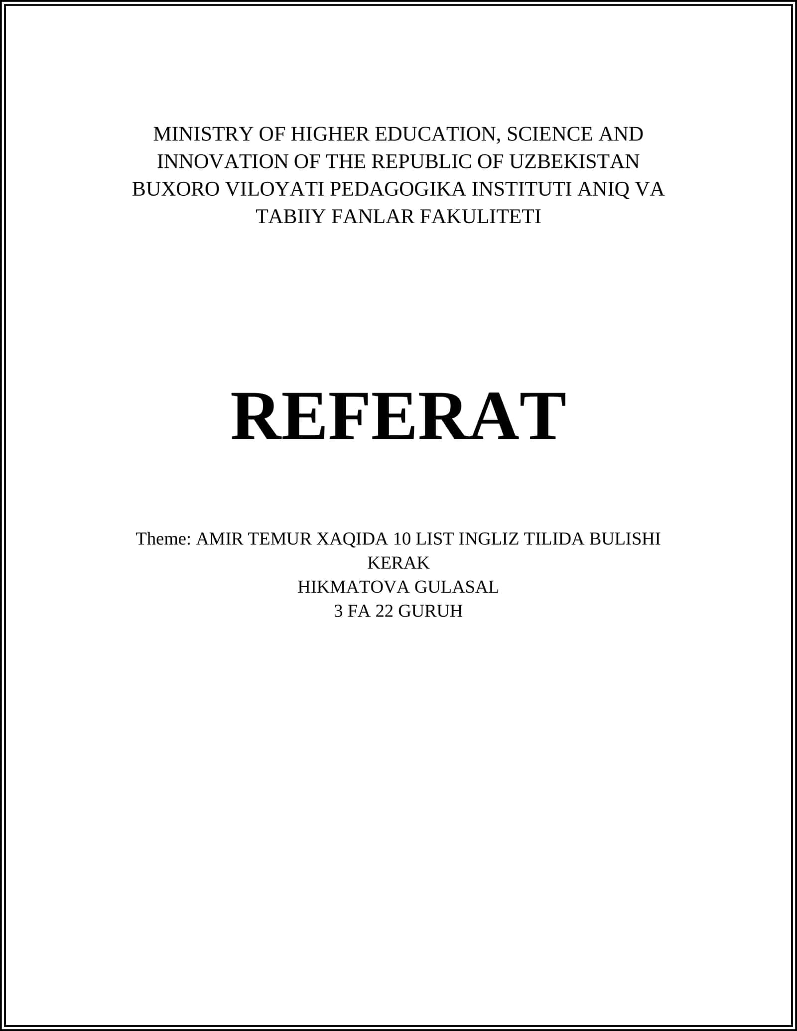 AMIR TEMUR XAQIDA 10 LIST INGLIZ TILIDA BULISHI KERAK 1