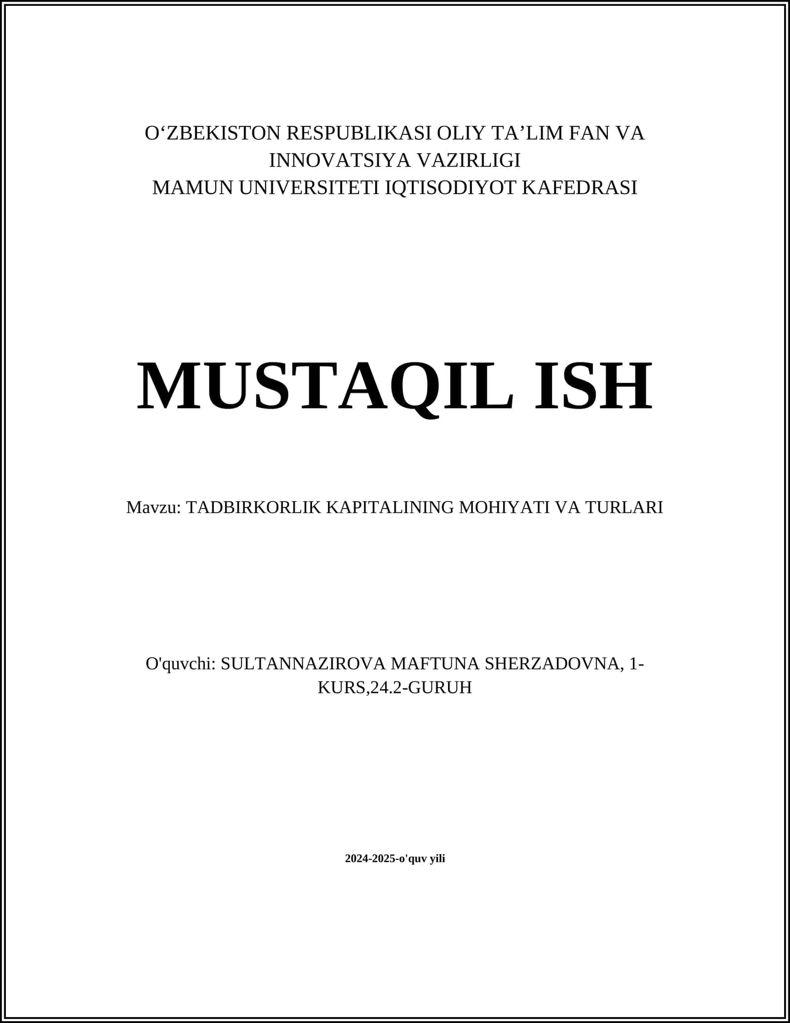 TADBIRKORLIK KAPITALINING MOHIYATI VA TURLARI 1