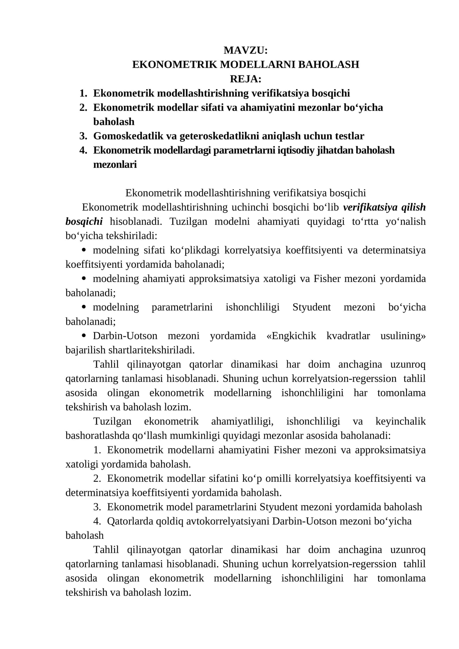 EKONOMETRIK MODELLARNI BAHOLASH 1
