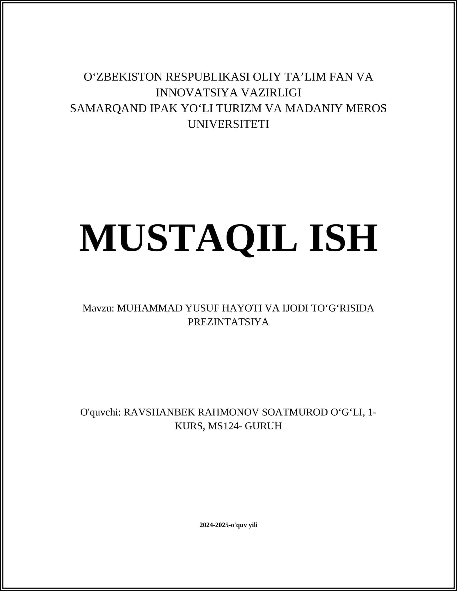 MUHAMMAD YUSUF HAYOTI VA IJODI TOʻGʻRISIDA PREZINTATSIYA 1