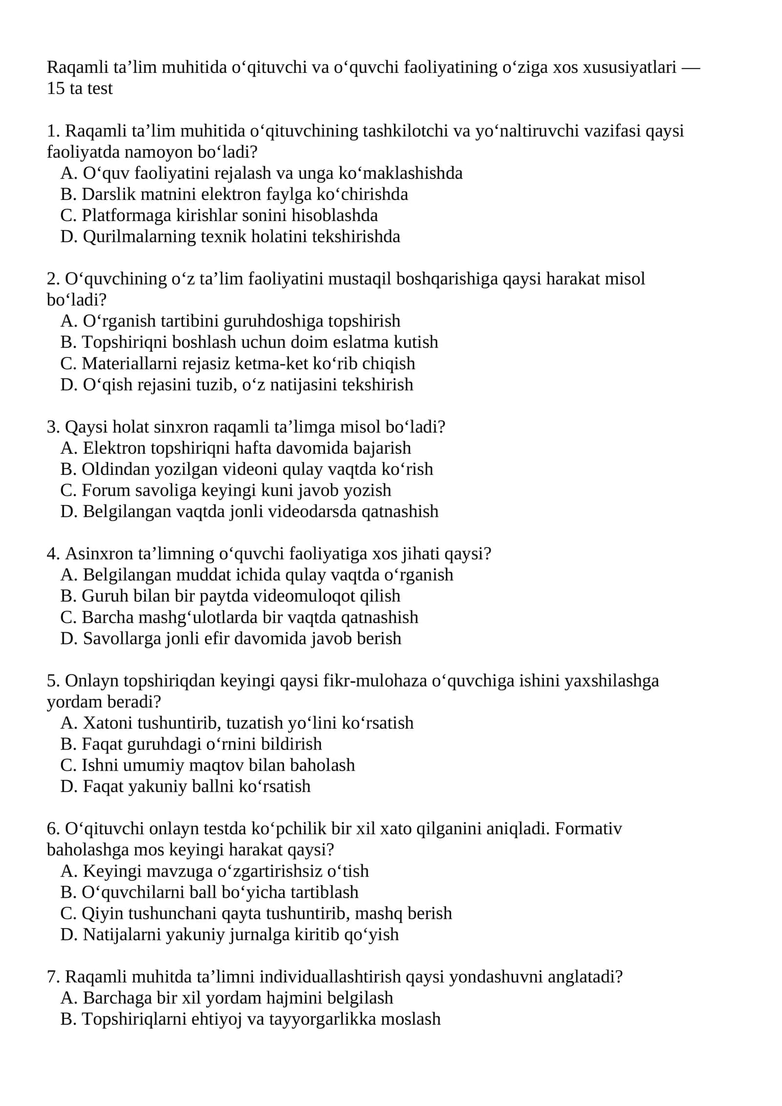 Raqamli ta’lim muhitida o‘qituvchi va o‘quvchi faoliyatining o‘ziga xos xususiyatlari — 15 ta test 1