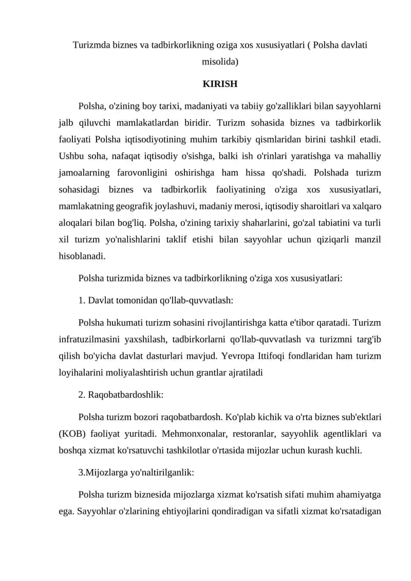 Turizmda biznes va tadbirkorlikning oziga xos xususiyatlari ( Polsha davlati misolida) 1